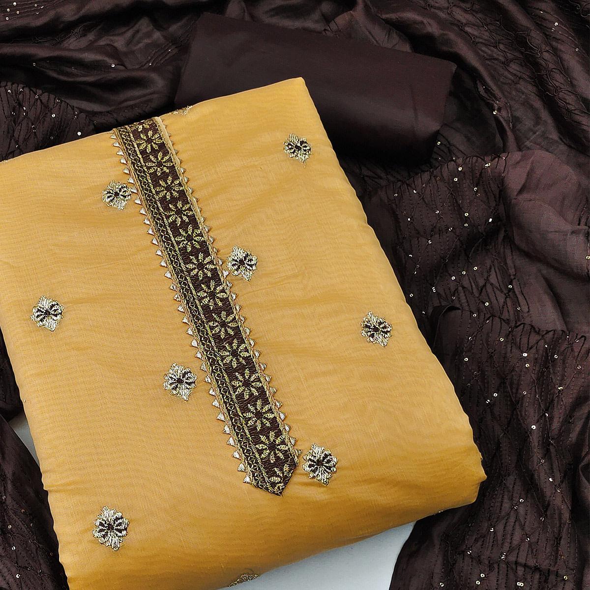 Yellow Festive Wear Embroidered Chanderi Dress Material - Peachmode