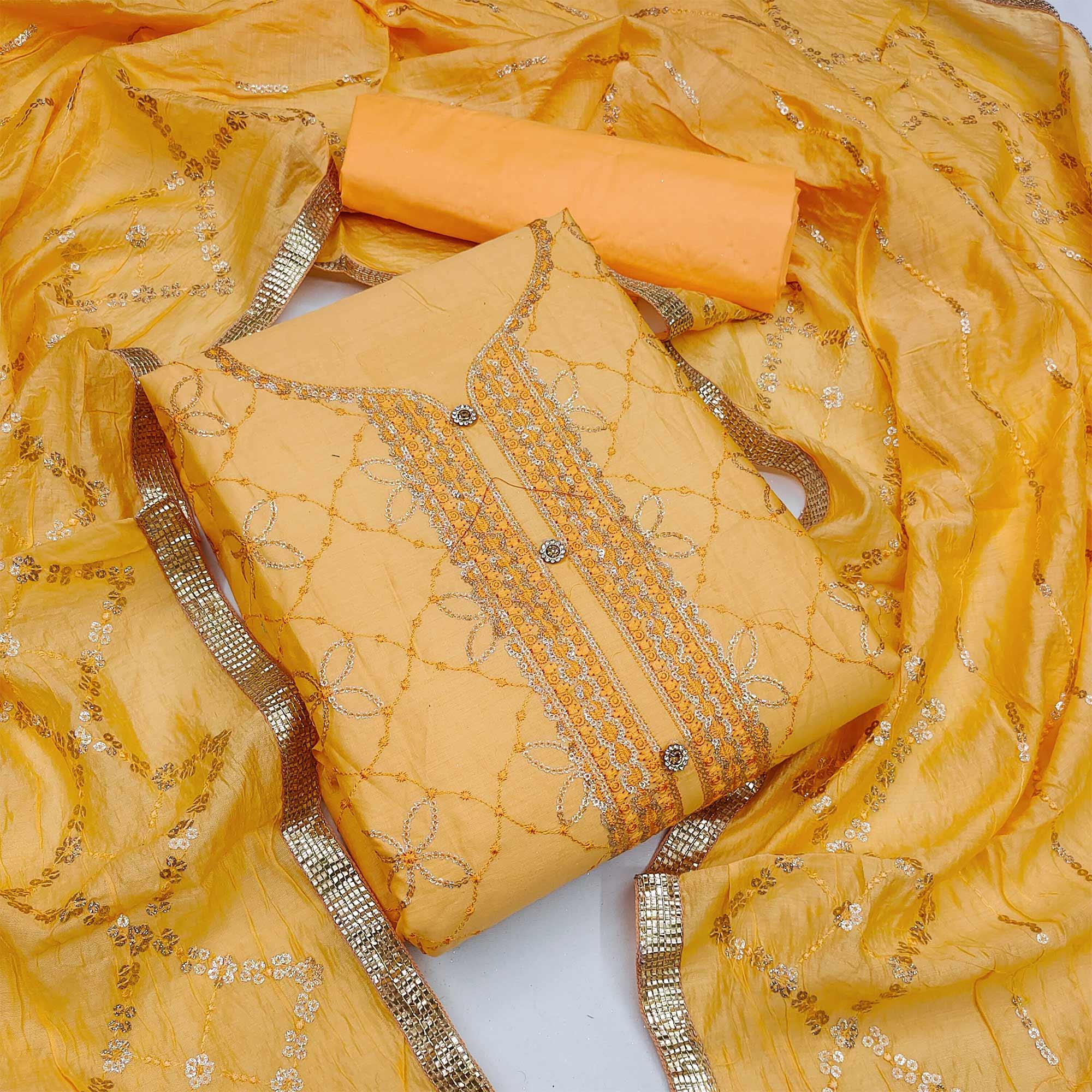 Yellow Festive Wear Embroidered Cotton Dress Material - Peachmode