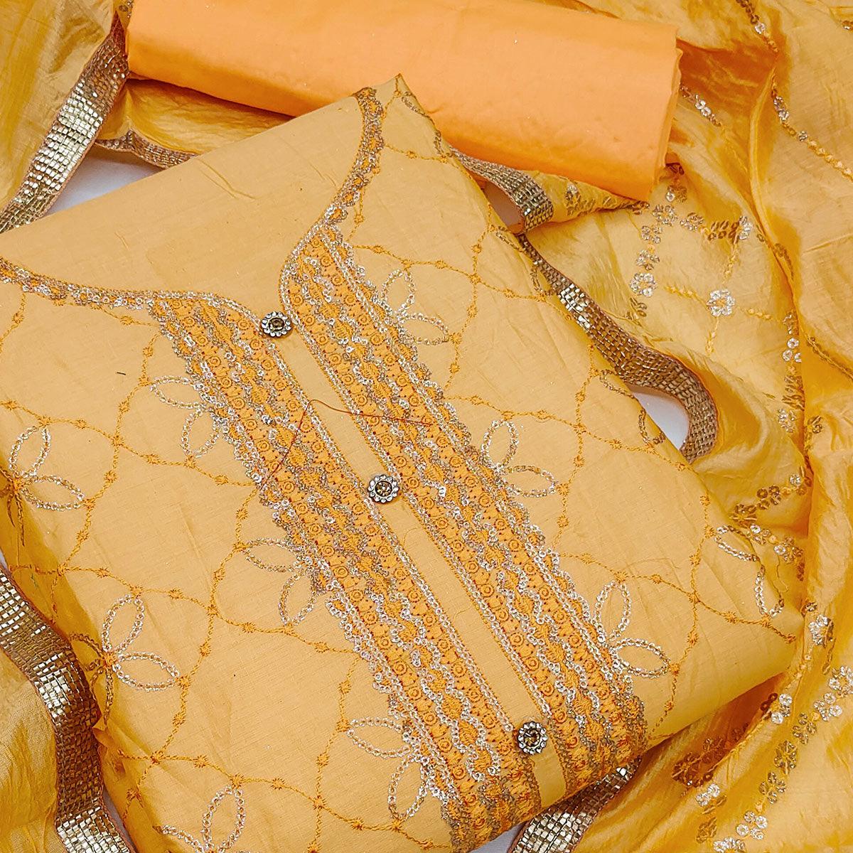 Yellow Festive Wear Embroidered Cotton Dress Material - Peachmode
