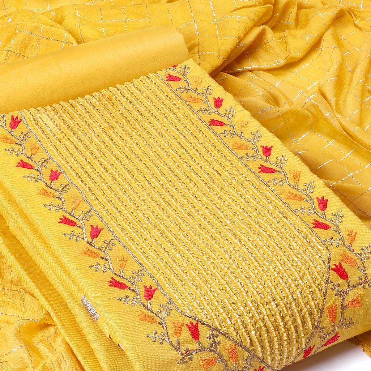 Yellow Festive Wear Embroidered Cotton Dress Material - Peachmode