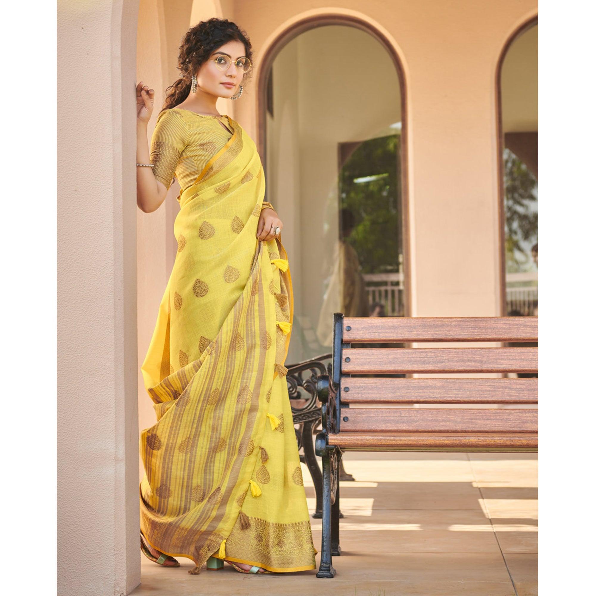 Yellow Festive Wear Embroidered Cotton Saree - Peachmode
