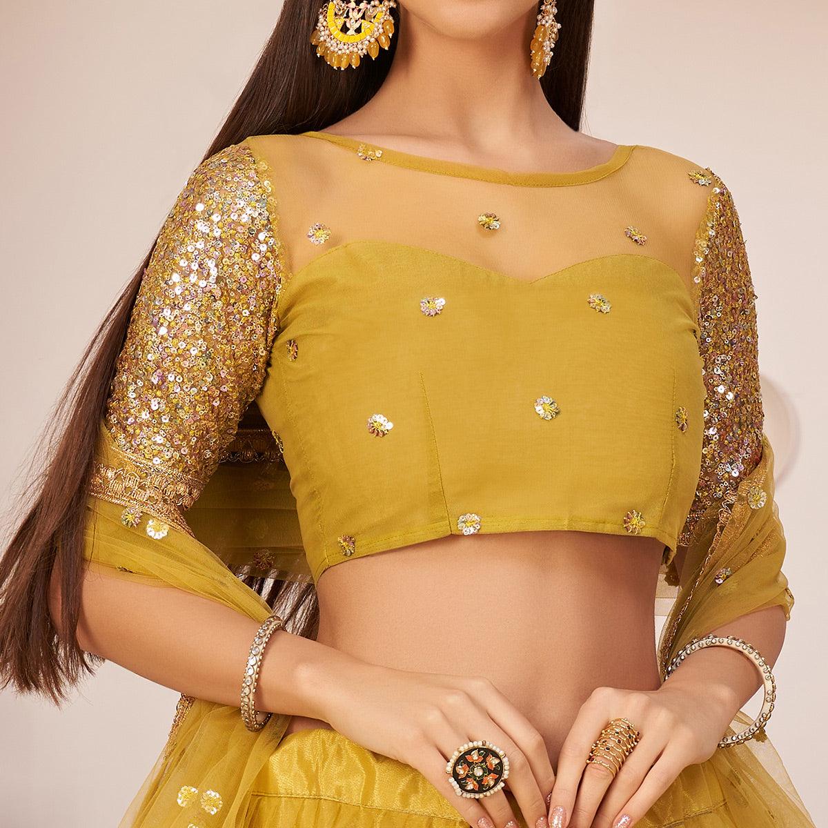 Yellow Festive Wear Embroidered Mono Net Lehenga Choli - Peachmode