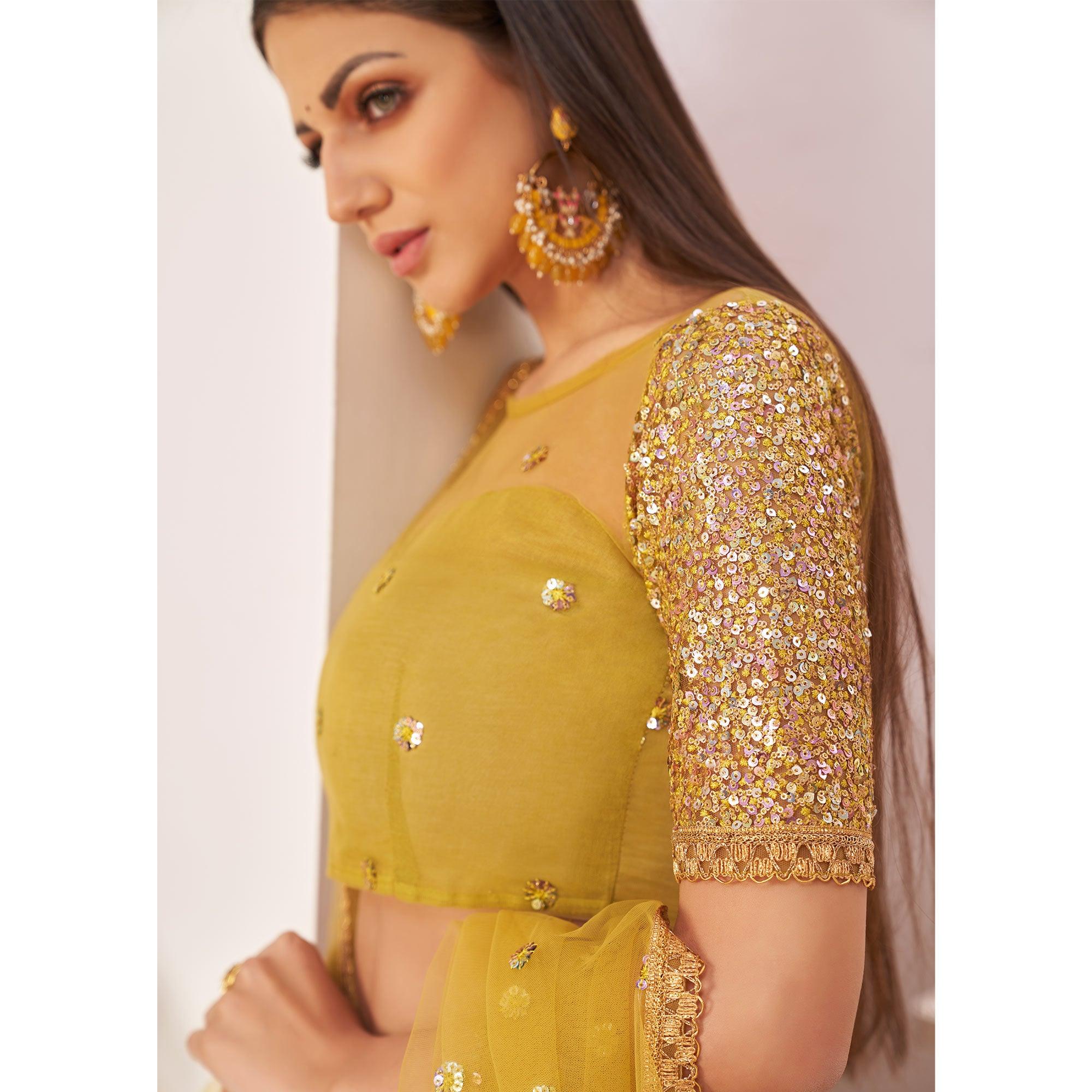 Yellow Festive Wear Embroidered Mono Net Lehenga Choli - Peachmode