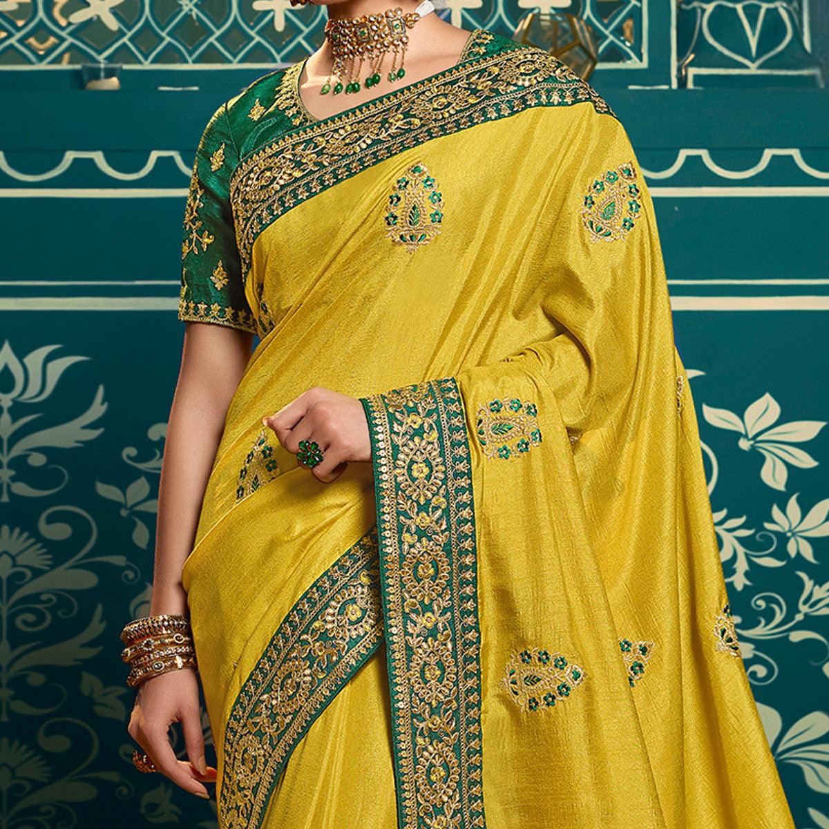 Yellow Festive Wear Embroidered Silk Saree - Peachmode