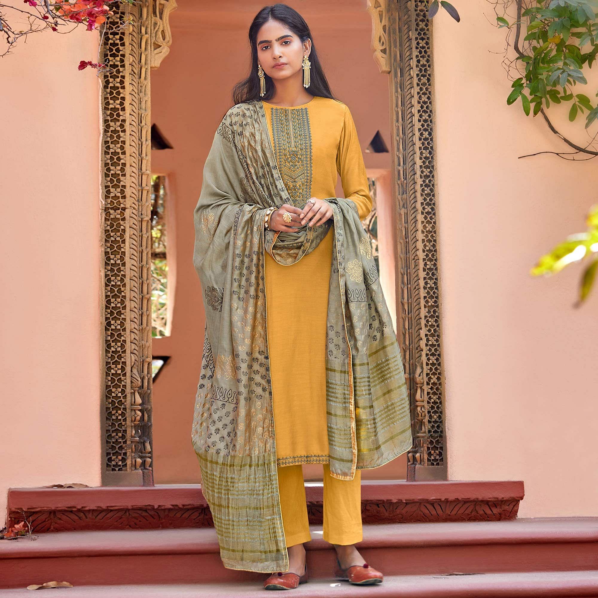 Yellow Festive Wear Embroidered Viscose Cotton Silk Salwar Suit - Peachmode
