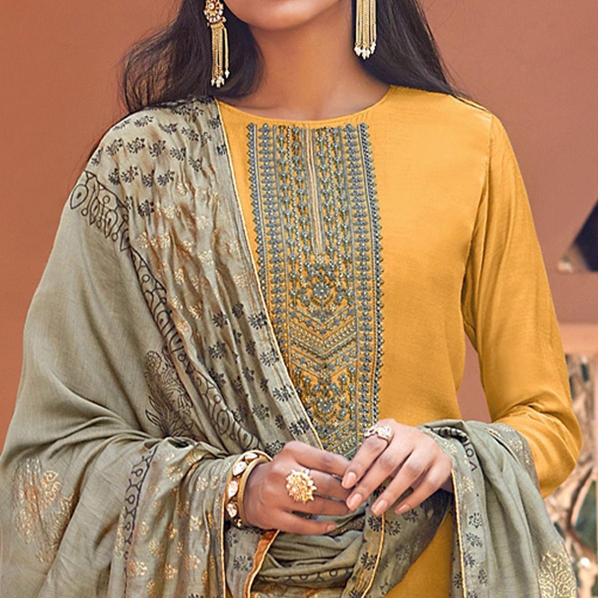 Yellow Festive Wear Embroidered Viscose Cotton Silk Salwar Suit - Peachmode
