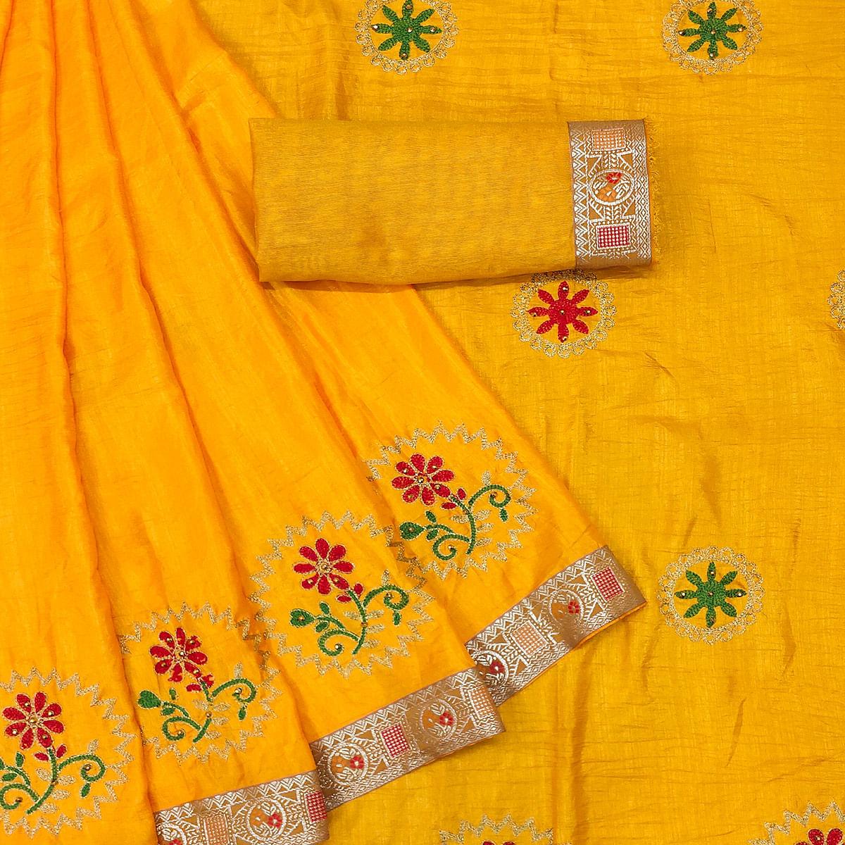 Yellow Festive Wear Embroidered With Embellished Vichitra Silk Saree - Peachmode