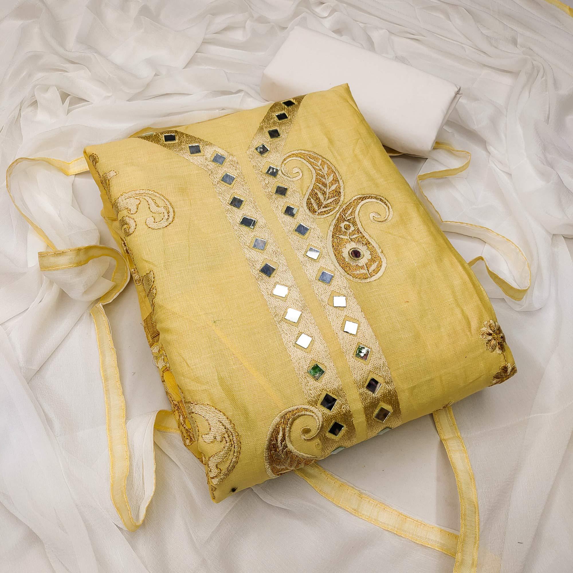Yellow Festive Wear Embroidered With Mirror Cotton Dress Material - Peachmode
