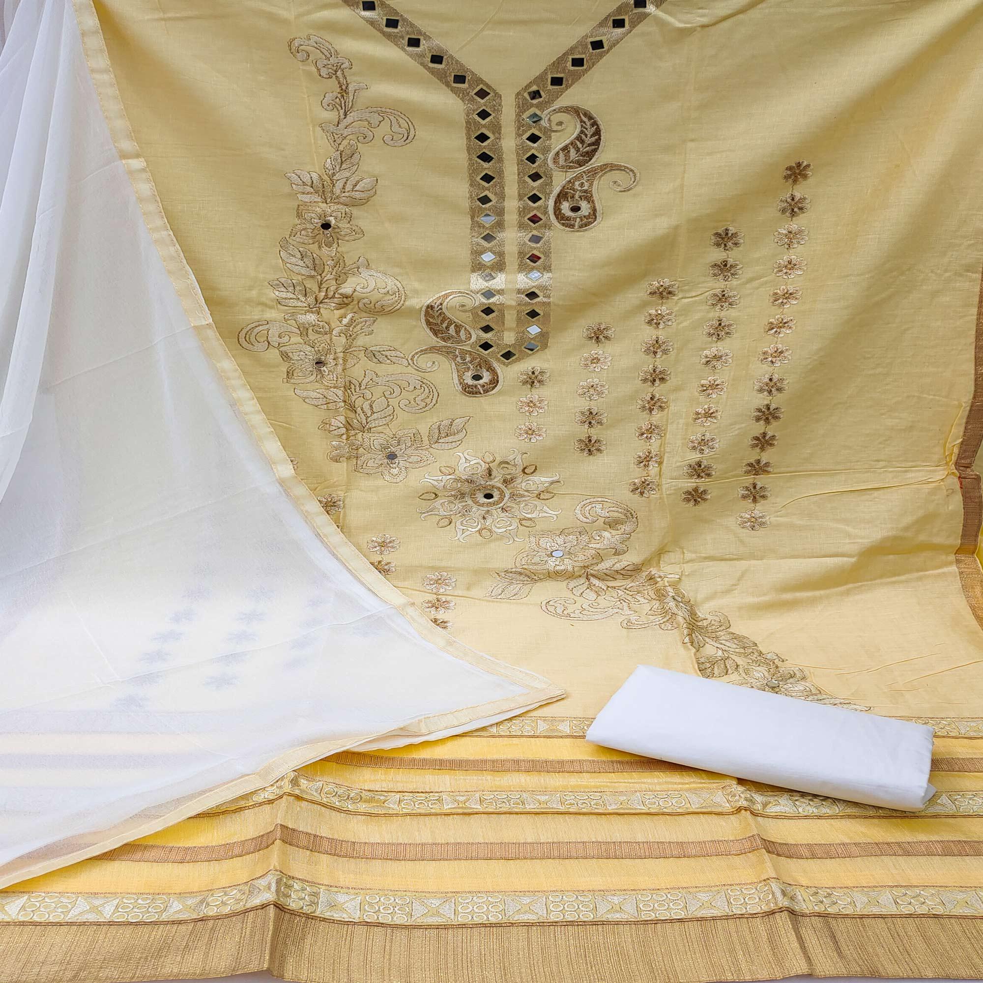 Yellow Festive Wear Embroidered With Mirror Cotton Dress Material - Peachmode