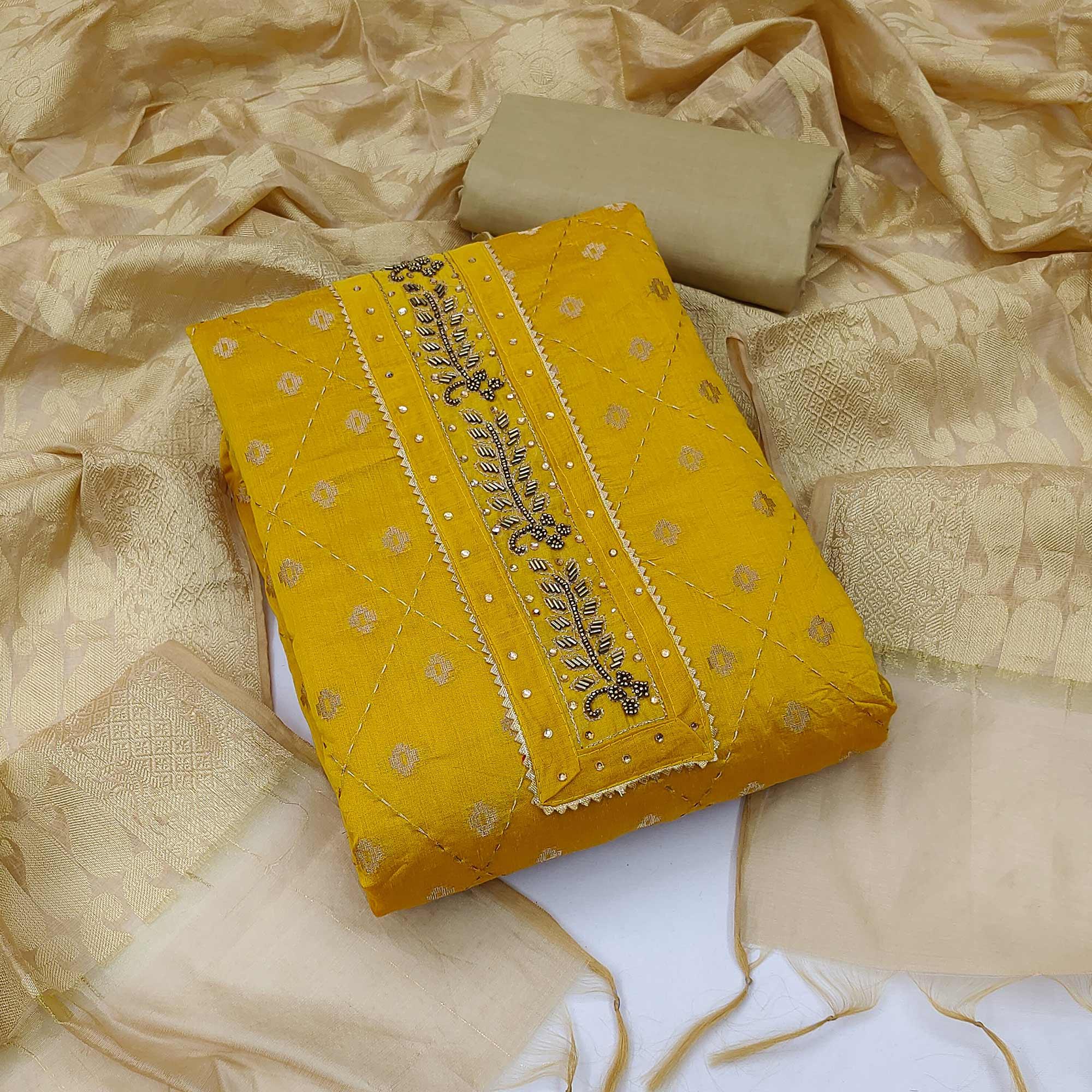 Yellow Festive Wear Embroidery With Embellished Chanderi Dress Material - Peachmode