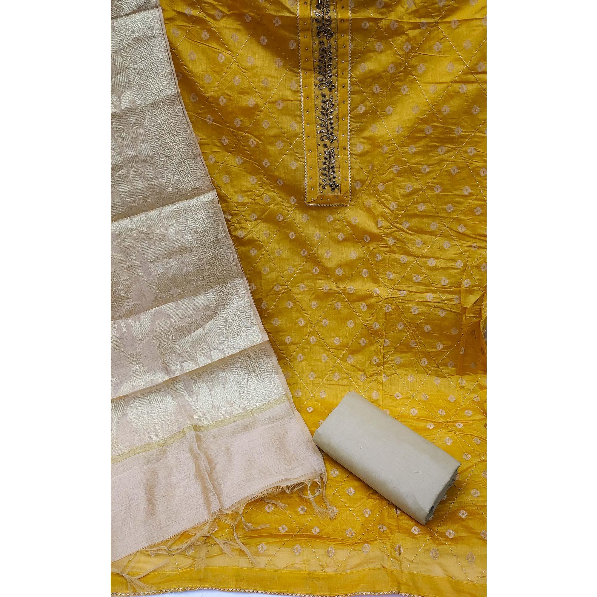 Yellow Festive Wear Embroidery With Embellished Chanderi Dress Material - Peachmode