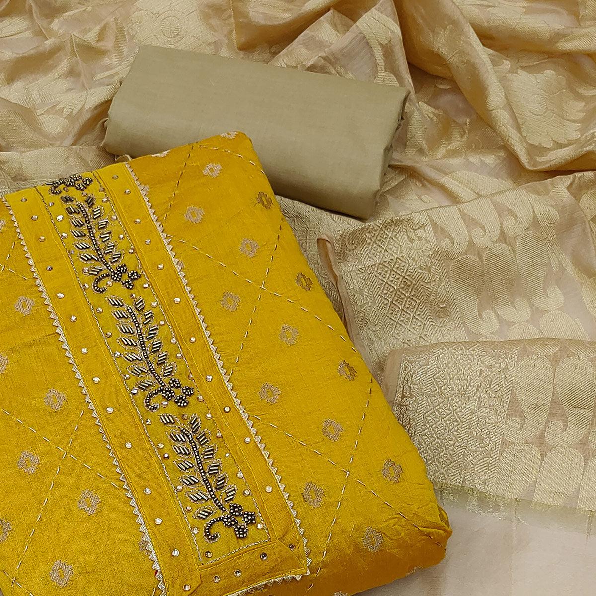 Yellow Festive Wear Embroidery With Embellished Chanderi Dress Material - Peachmode