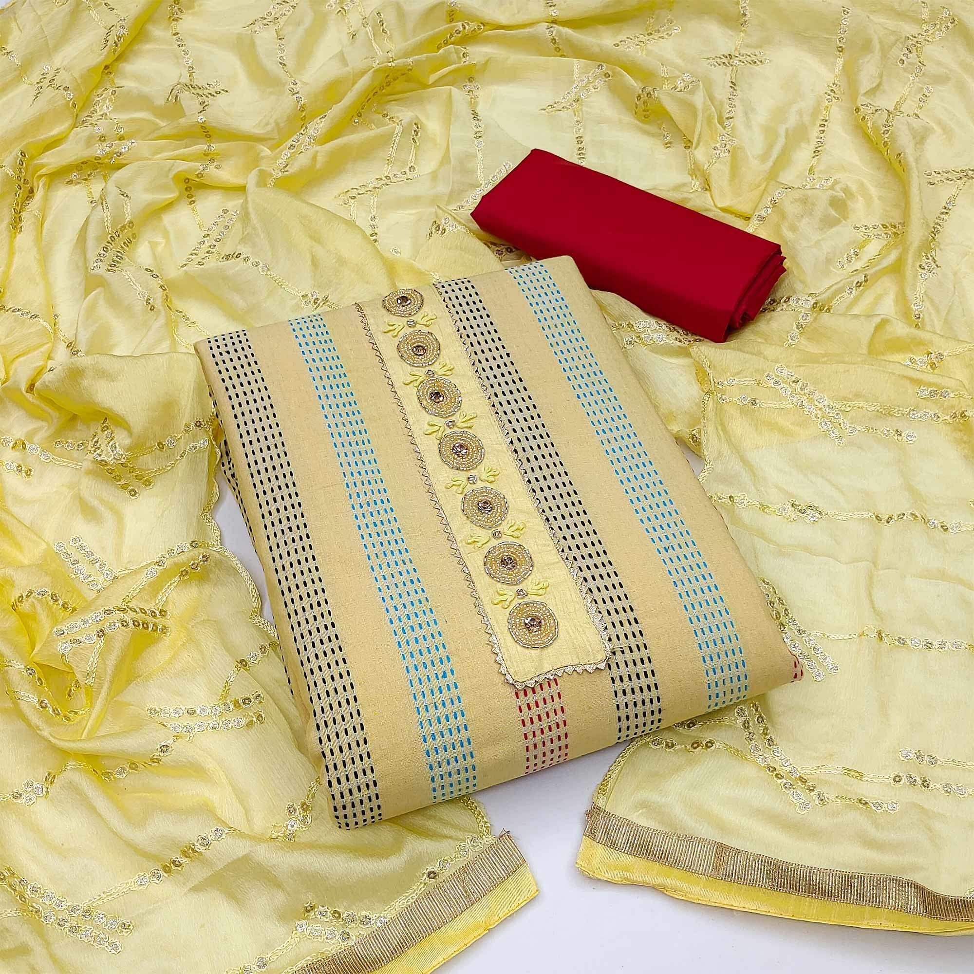 Yellow Festive Wear Embroidery With Embellished Cotton Dress Material - Peachmode