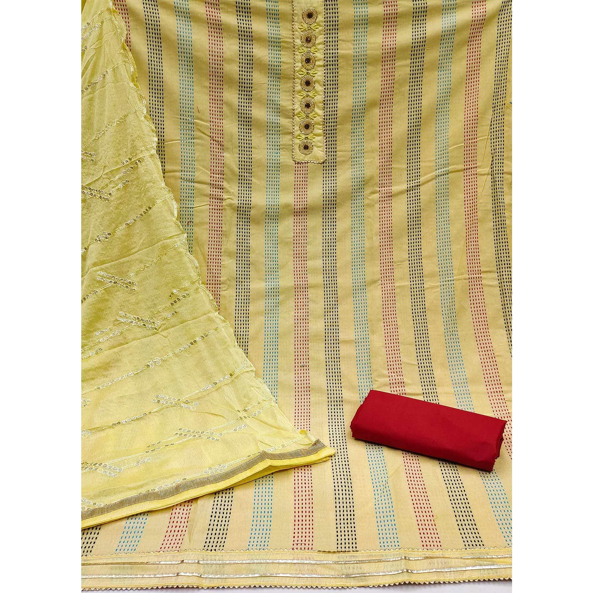 Yellow Festive Wear Embroidery With Embellished Cotton Dress Material - Peachmode