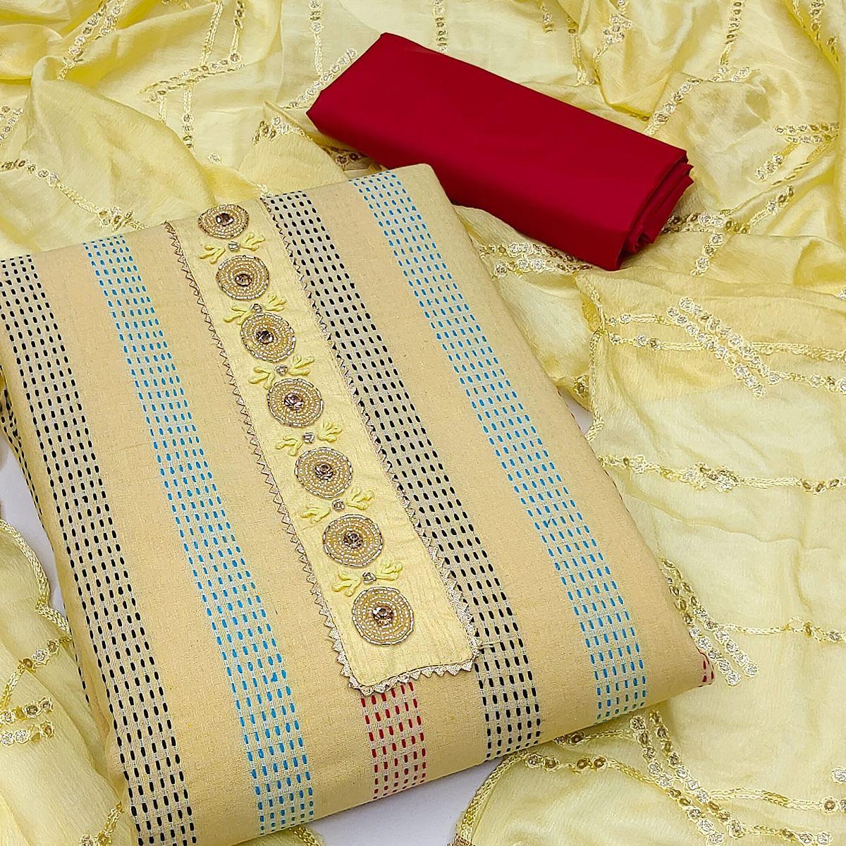 Yellow Festive Wear Embroidery With Embellished Cotton Dress Material - Peachmode