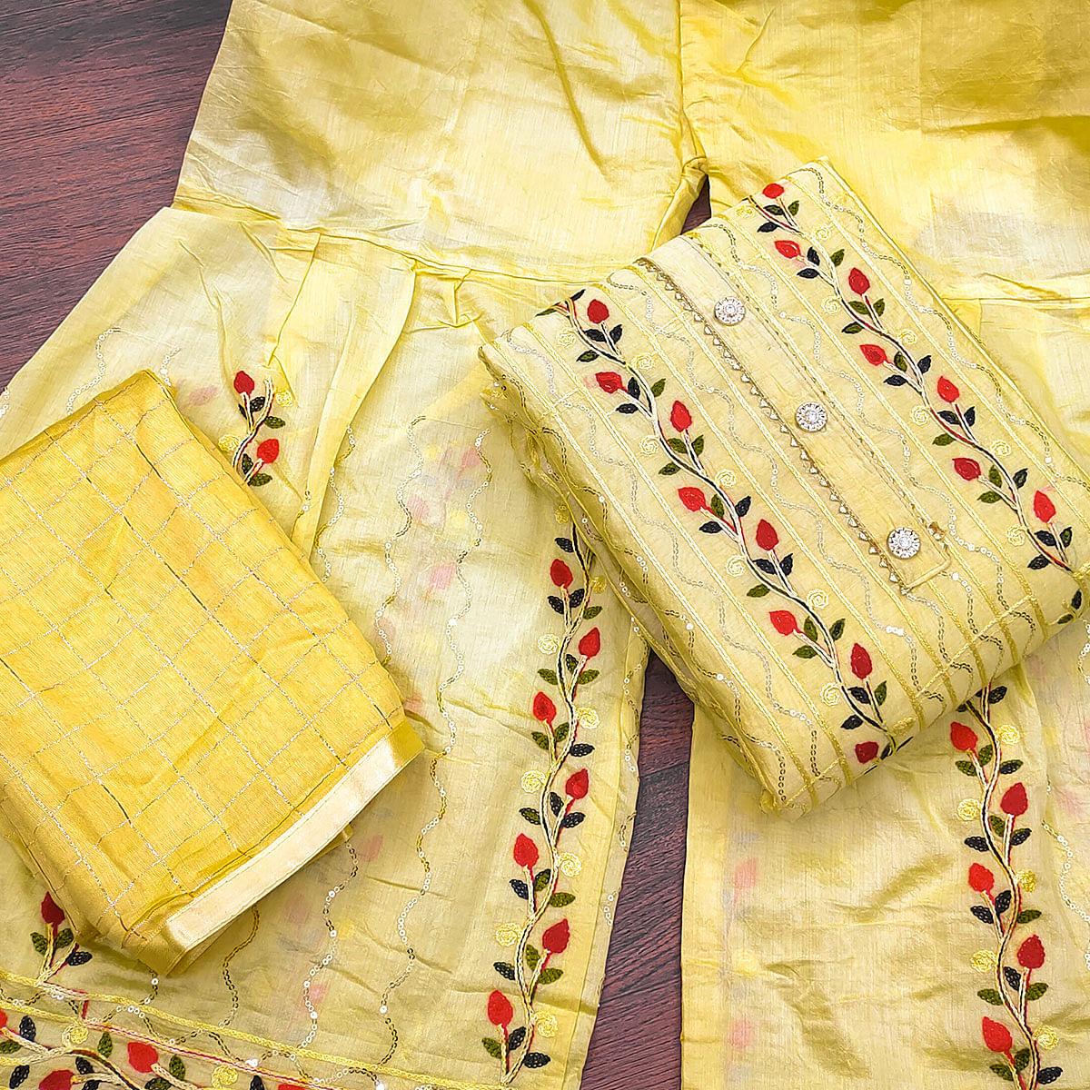 Yellow Festive Wear Embroidery With Embellished Cotton Dress Material - Peachmode