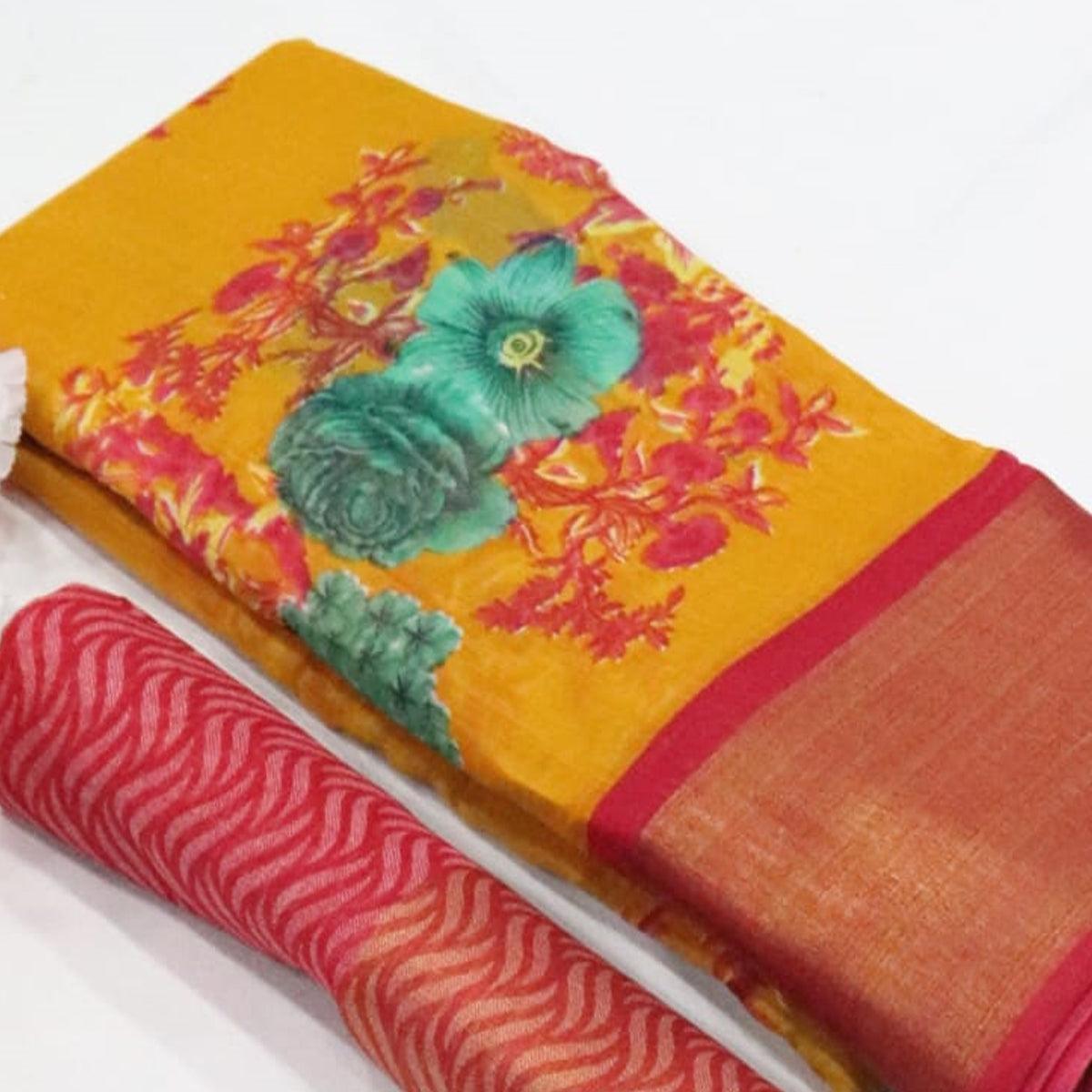 Yellow Festive Wear Floral Digital Print With Sonakshi Zari Border Cotton Saree - Peachmode