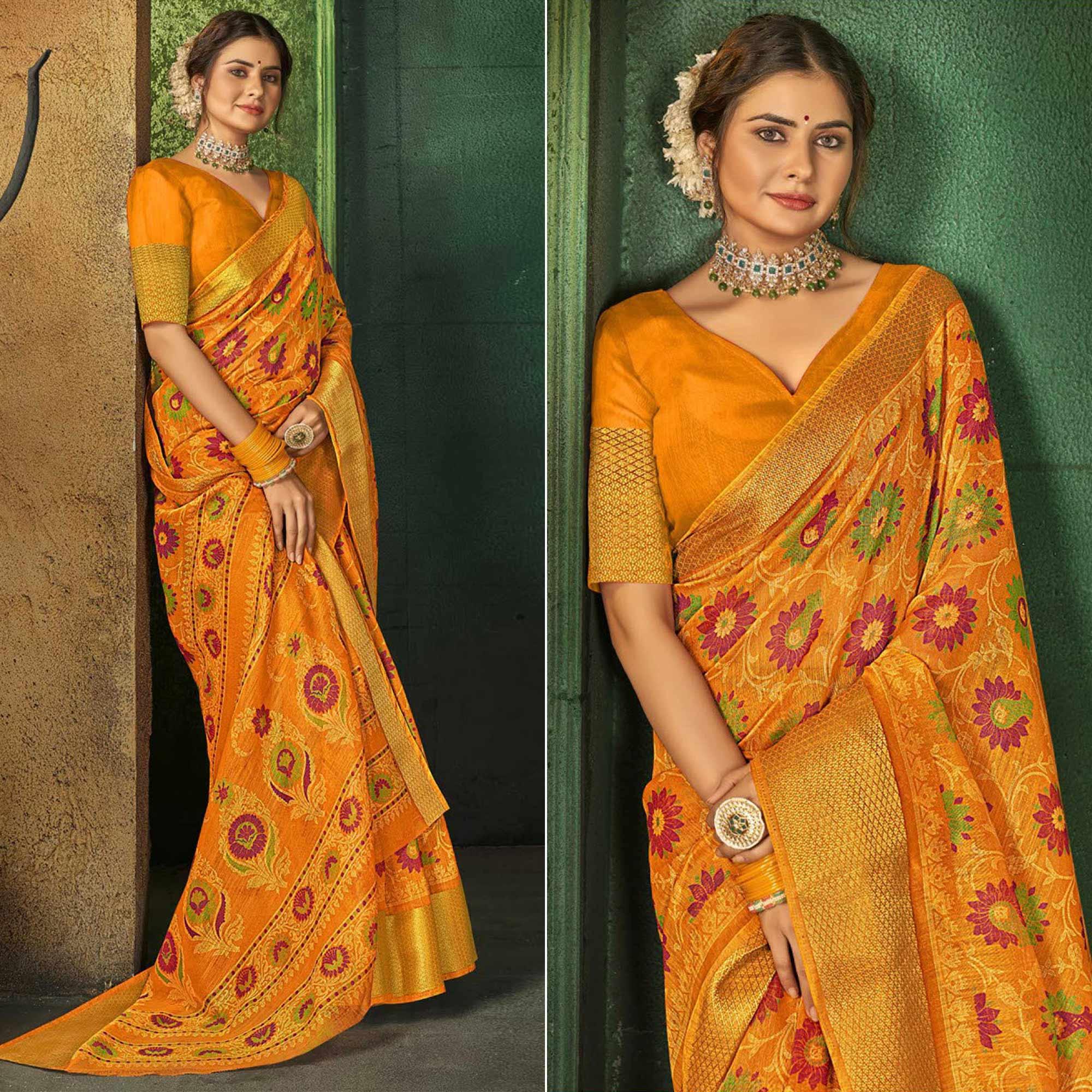 Yellow Festive Wear Floral Digital Printed Cotton Saree - Peachmode