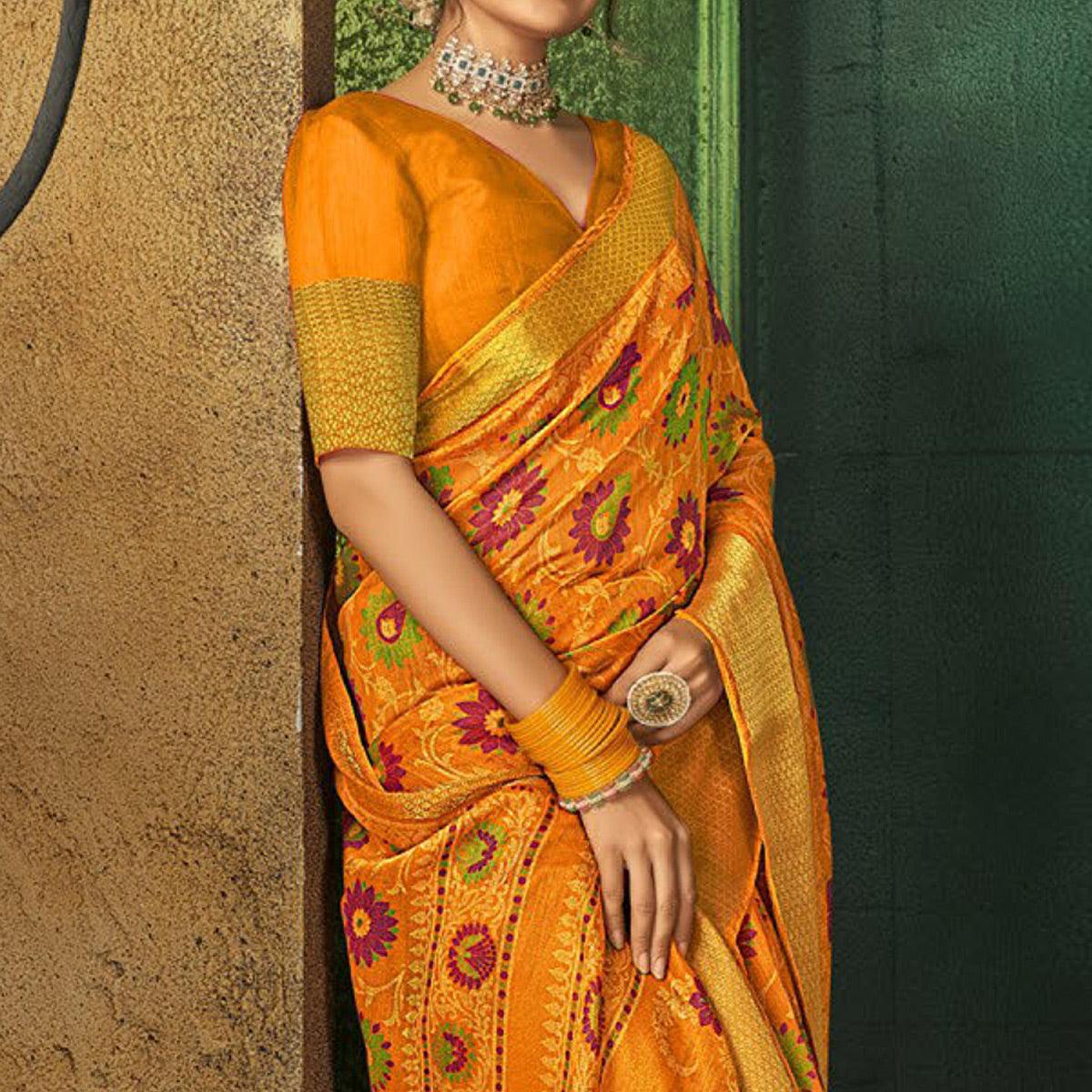 Yellow Festive Wear Floral Digital Printed Cotton Saree - Peachmode