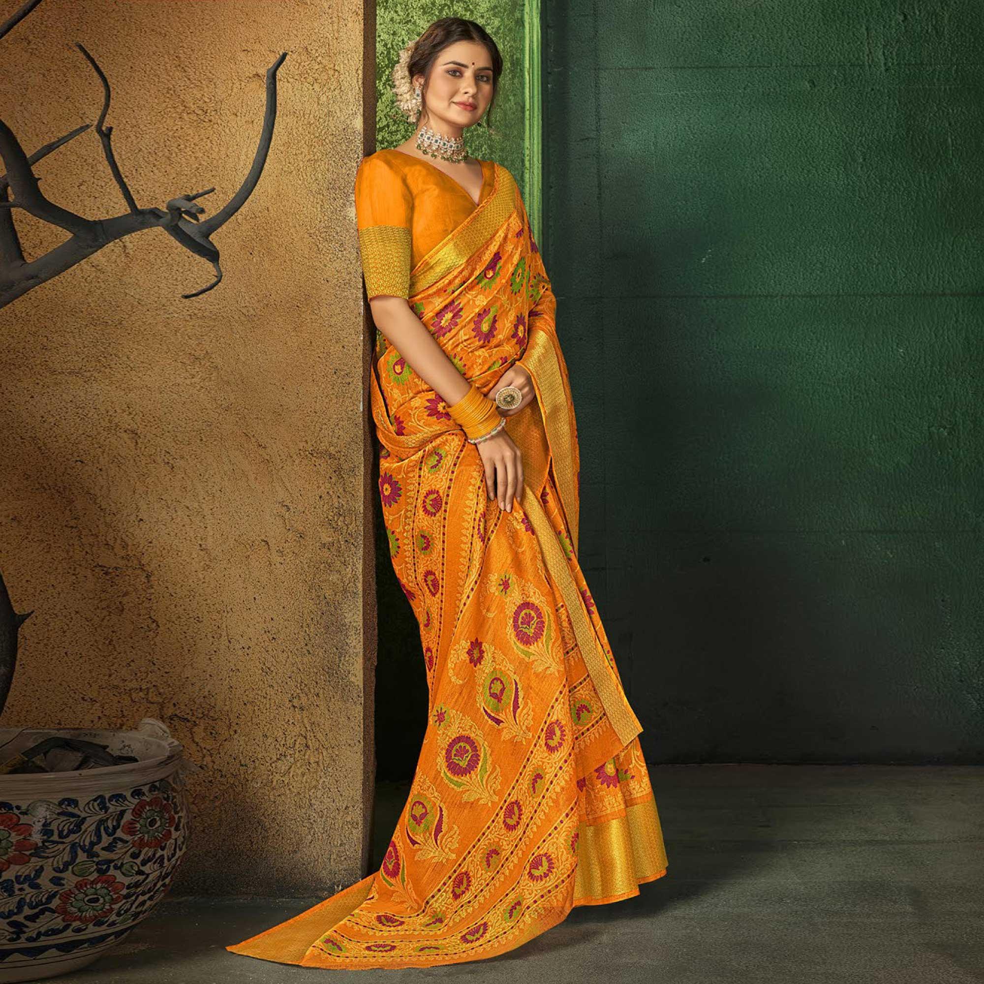 Yellow Festive Wear Floral Digital Printed Cotton Saree - Peachmode