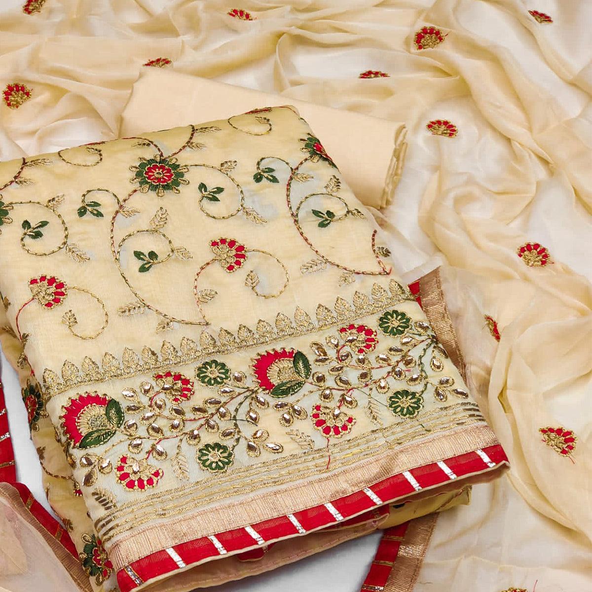 Yellow Festive Wear Floral Embroidered Chanderi Dress Material - Peachmode