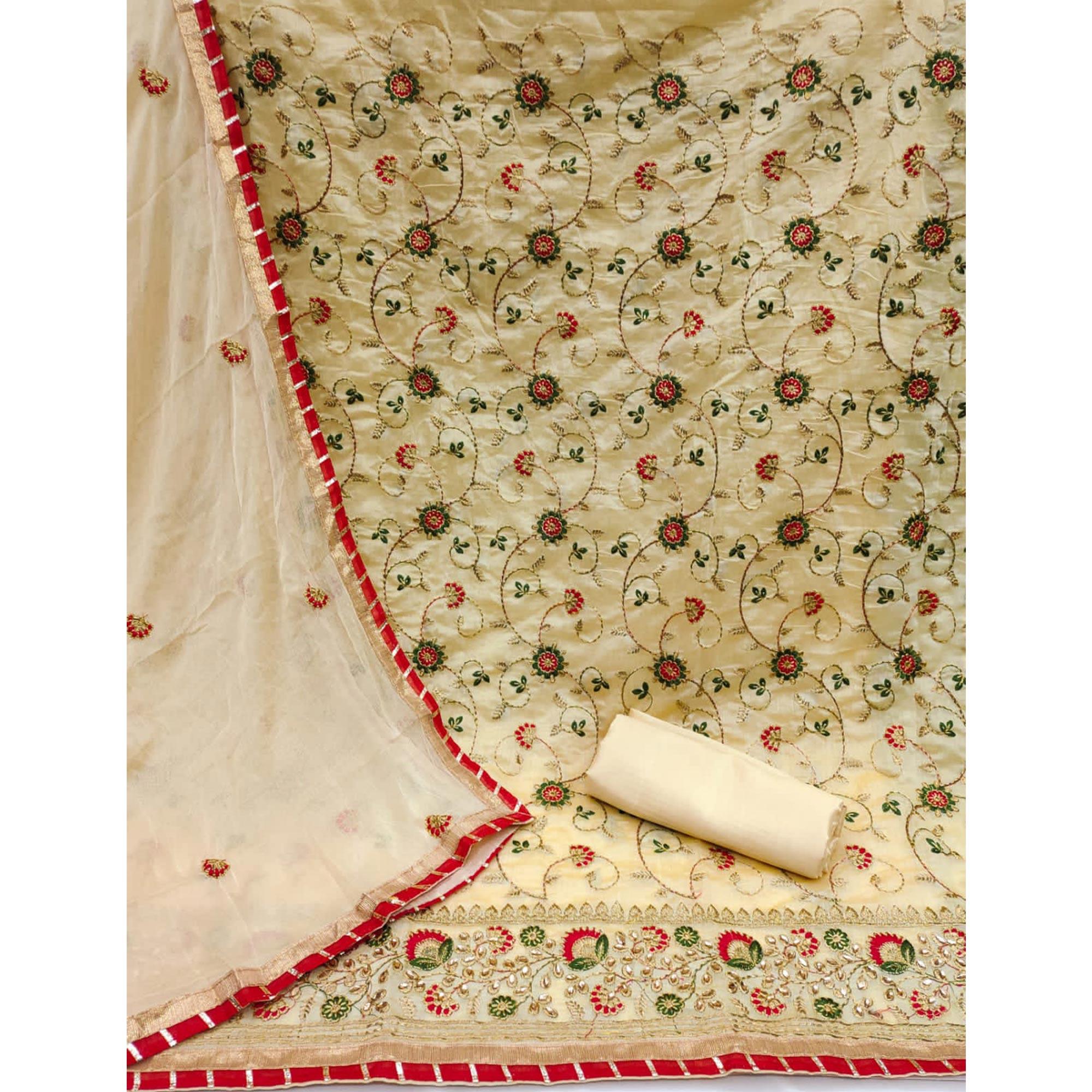 Yellow Festive Wear Floral Embroidered Chanderi Dress Material - Peachmode