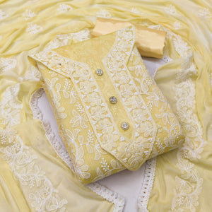 Yellow Festive Wear Floral Embroidered Cotton Dress Material - Peachmode