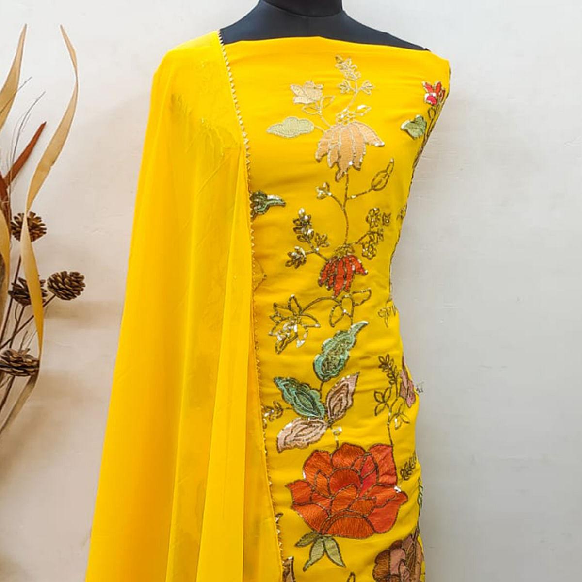 Yellow Festive Wear Floral Embroidered Georgette Sharara Suit - Peachmode