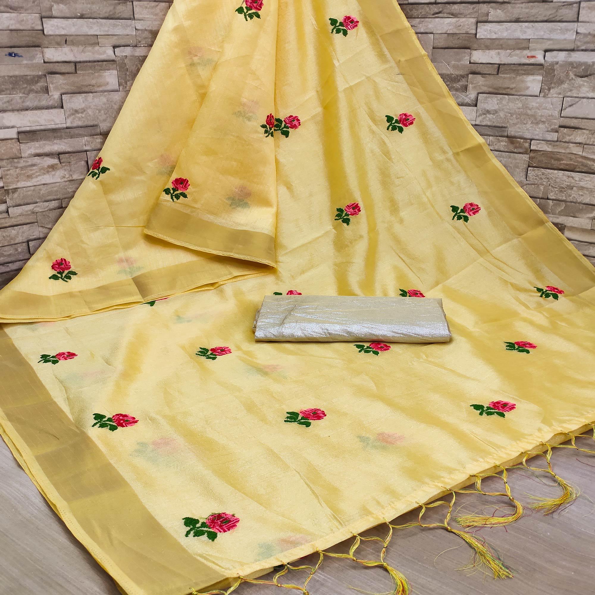 Yellow Festive Wear Floral Embroidered Manipuri Silk Saree With Tassels - Peachmode