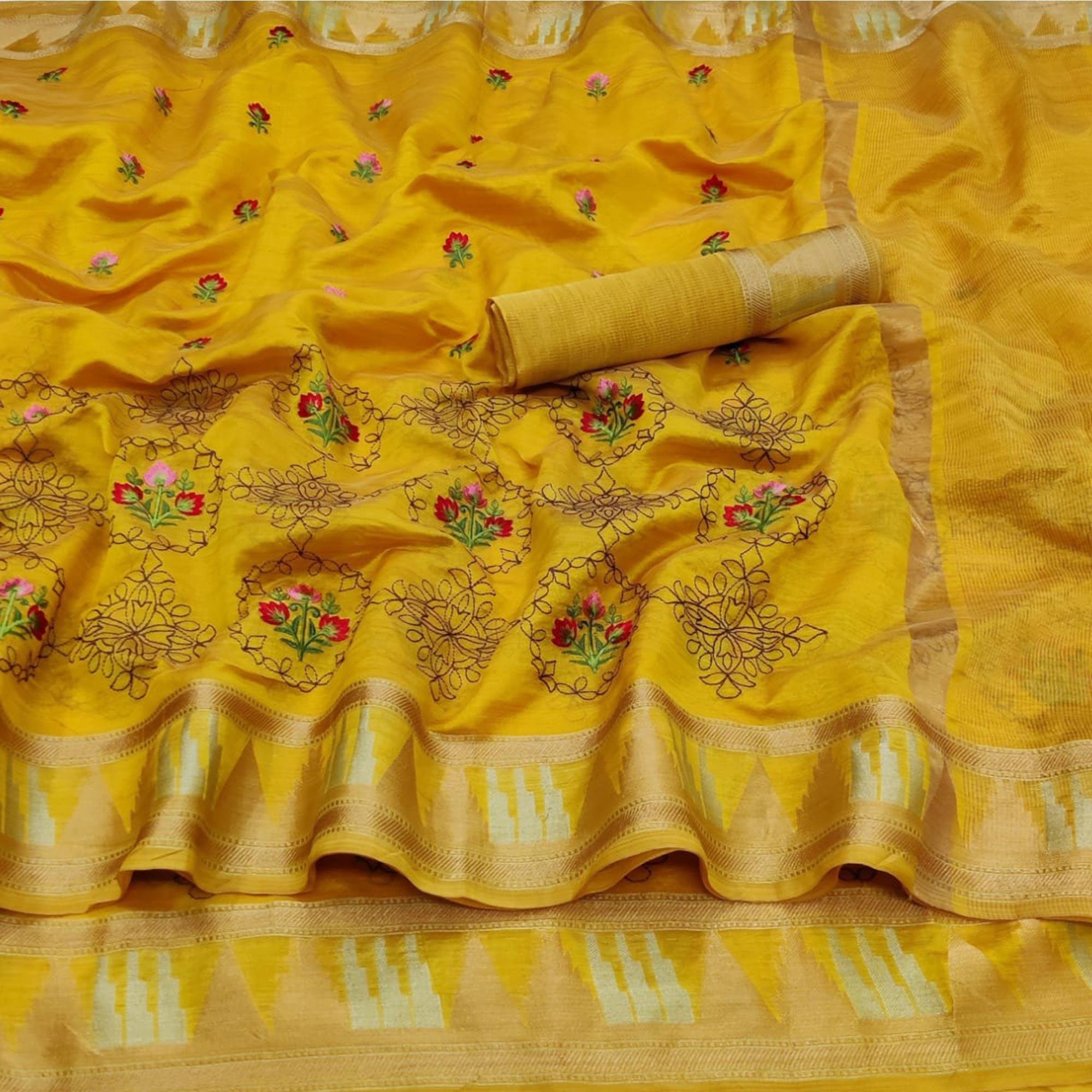 Yellow Festive Wear Floral Embroidery With Woven Organza Saree - Peachmode