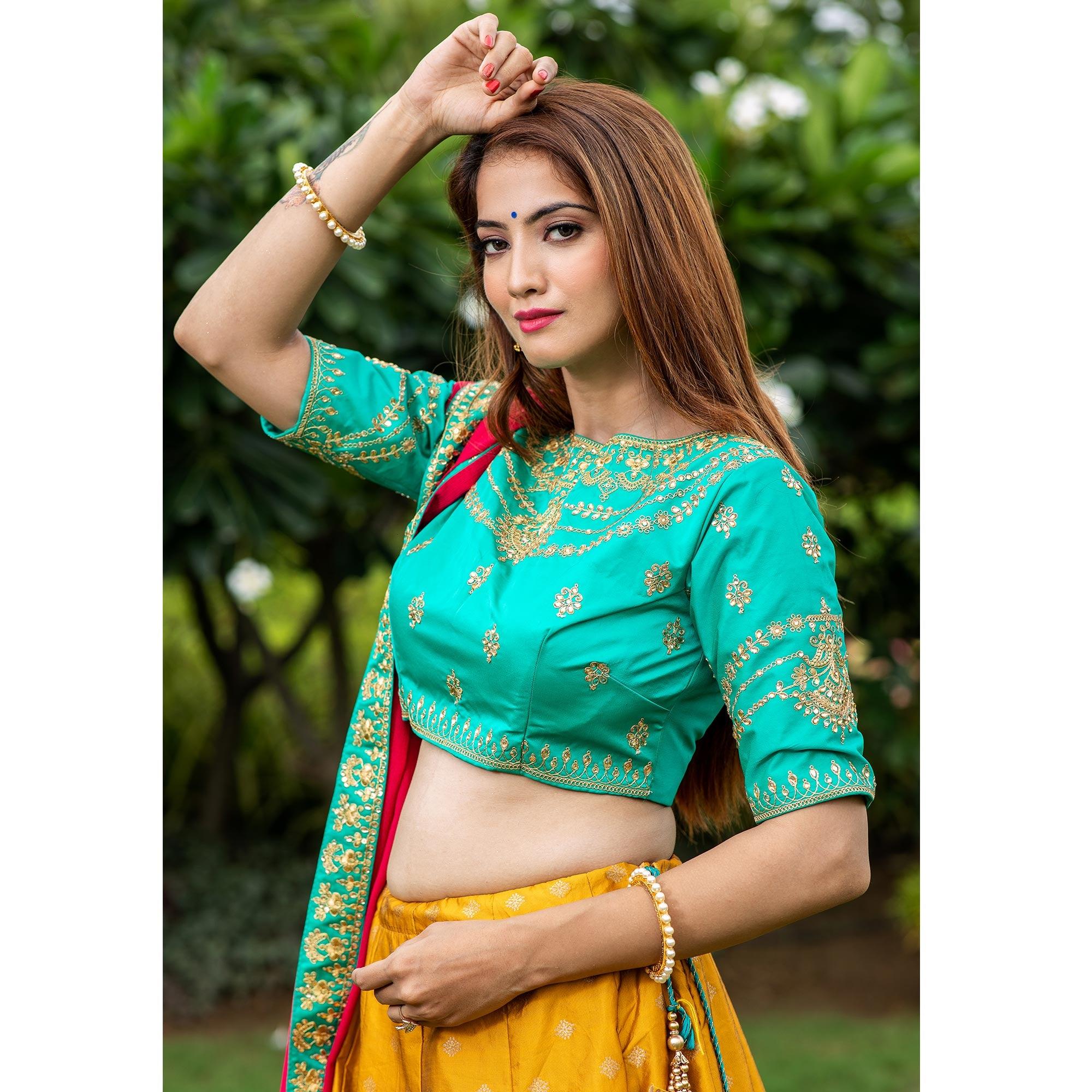 Yellow Festive Wear Floral Embroidery With Woven Silk Lehenga Choli - Peachmode