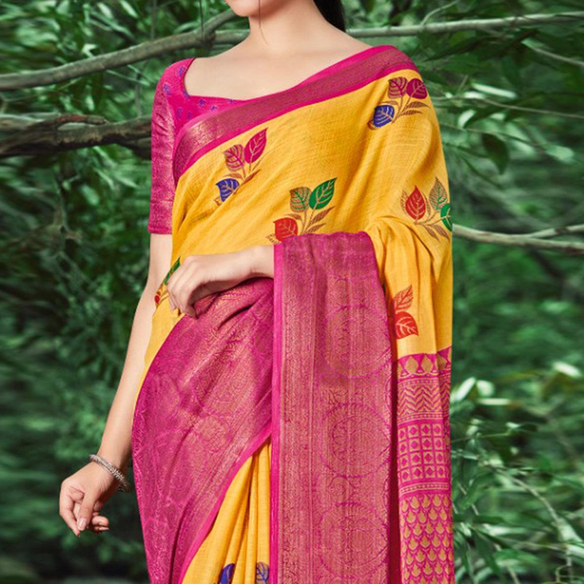 Yellow Festive Wear Floral Printed Linen Saree With Jacquard Border - Peachmode