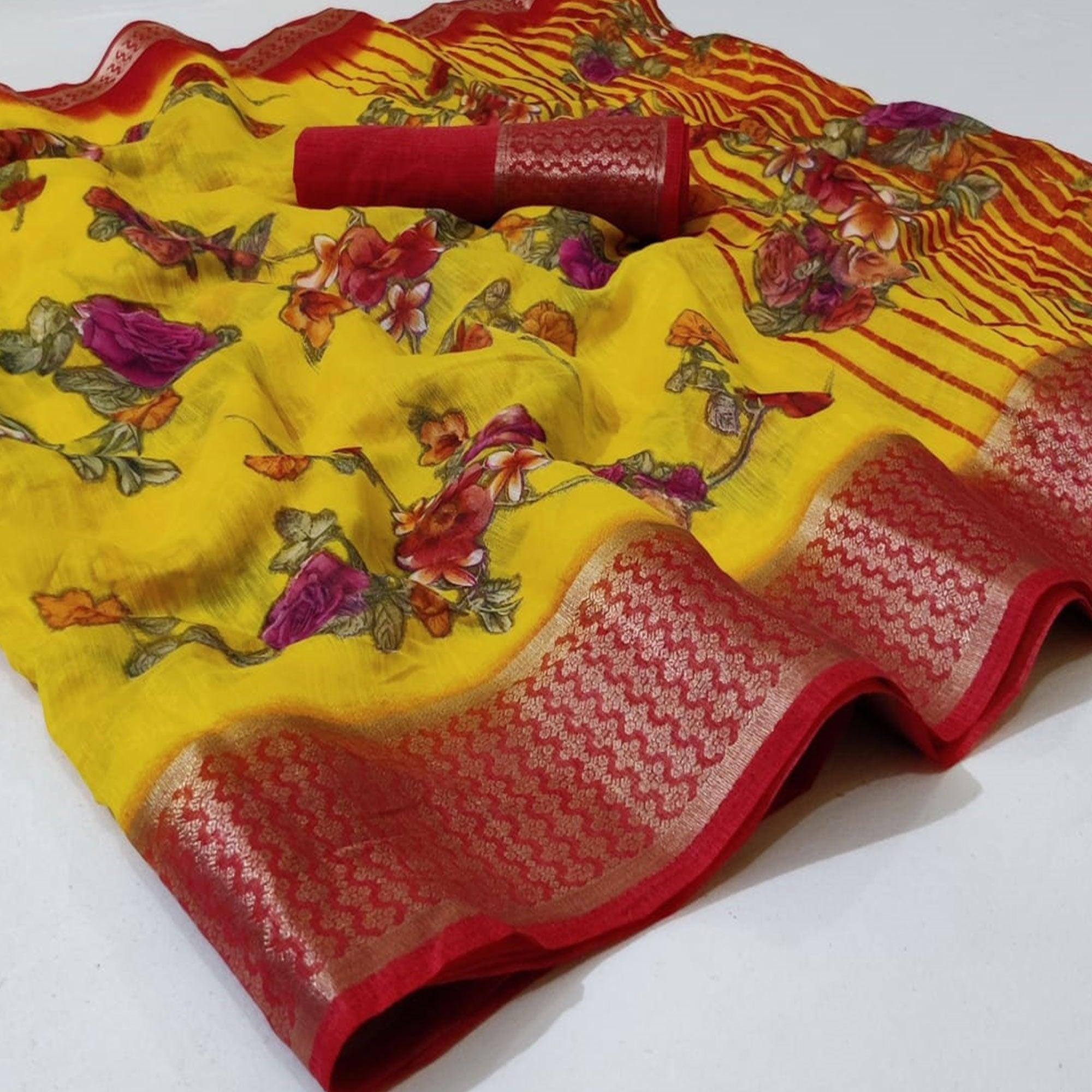 Yellow Festive Wear Floral Printed Woven Border Cotton Saree - Peachmode