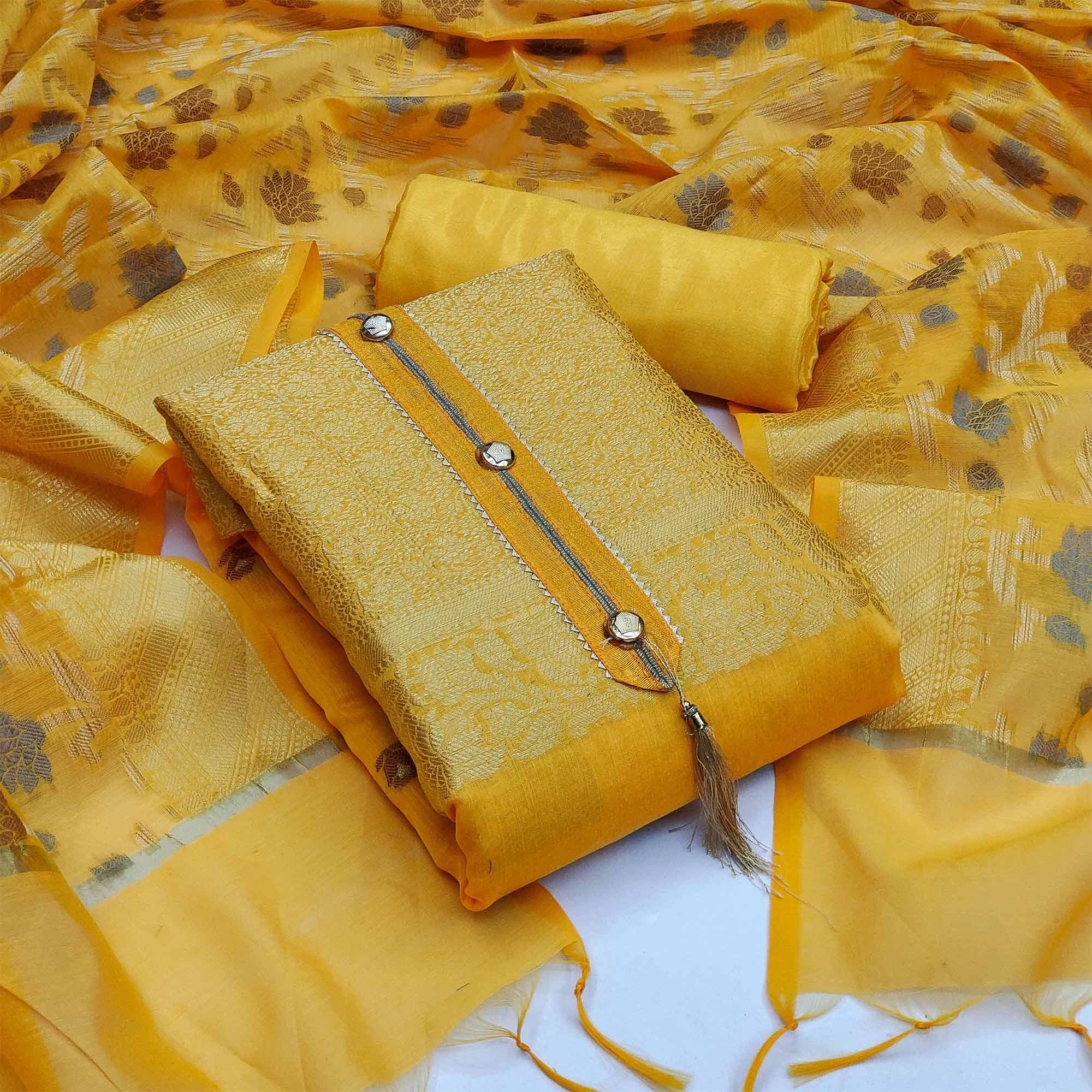 Yellow Festive Wear Floral Woven Banarasi Silk Jacquard Dress Material - Peachmode
