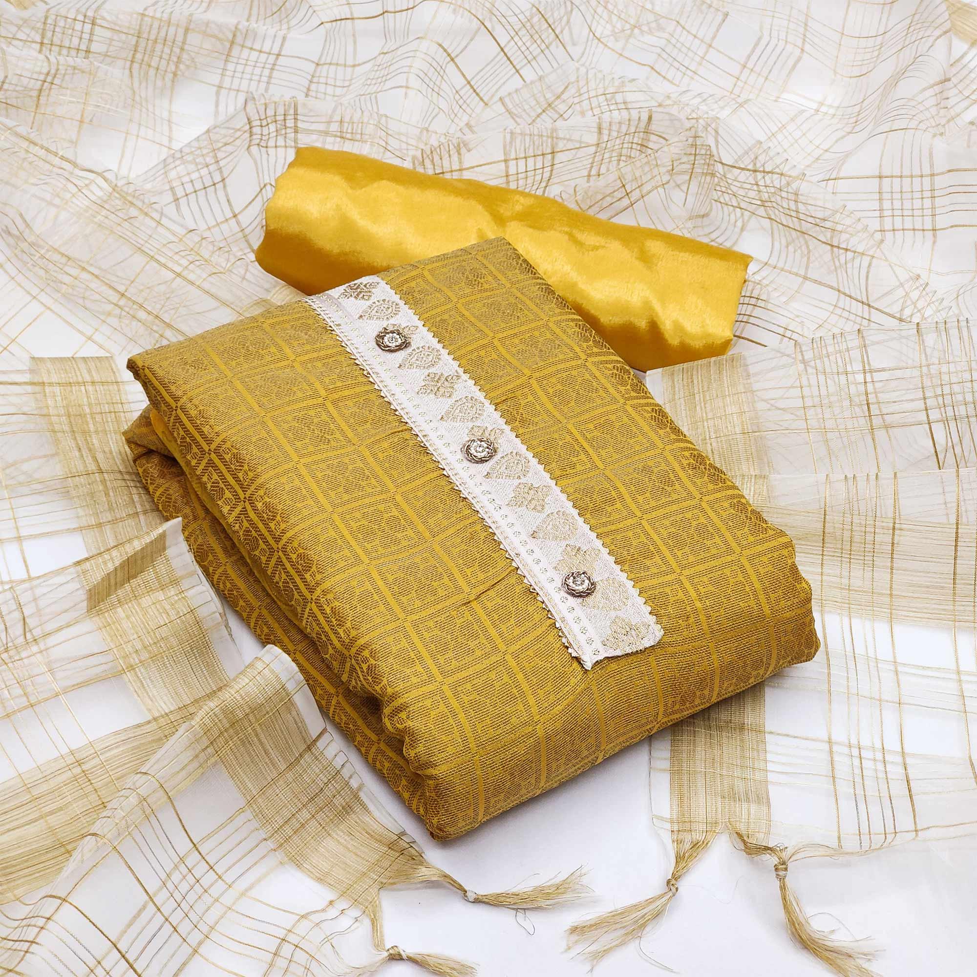 Yellow Festive Wear Floral Woven Banarasi Silk Jacquard Dress Material - Peachmode
