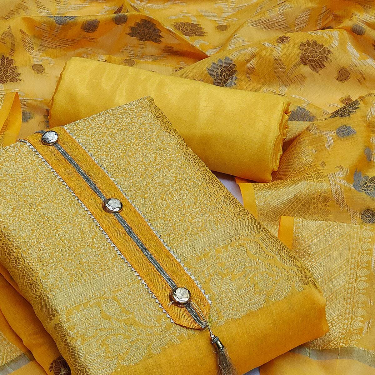 Yellow Festive Wear Floral Woven Banarasi Silk Jacquard Dress Material - Peachmode