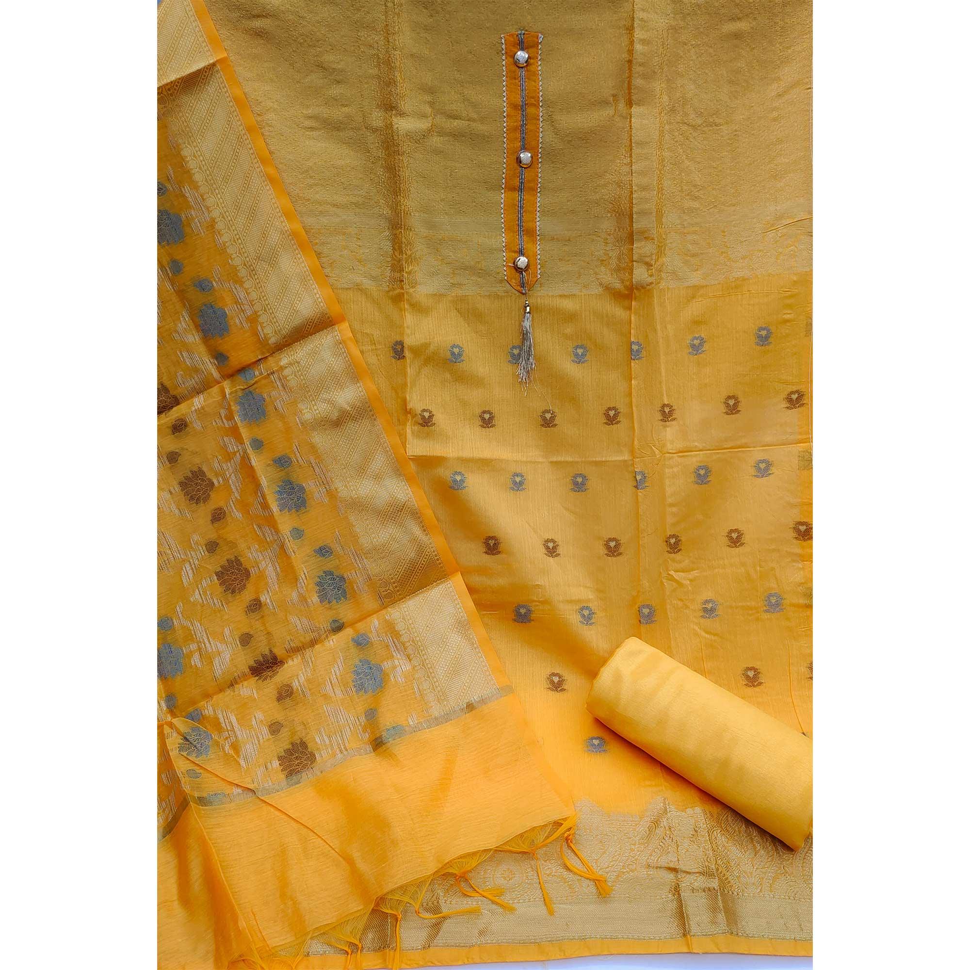 Yellow Festive Wear Floral Woven Banarasi Silk Jacquard Dress Material - Peachmode