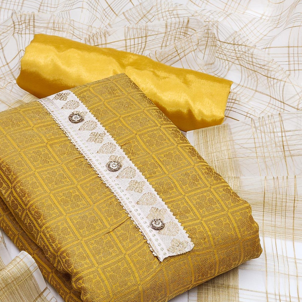 Yellow Festive Wear Floral Woven Banarasi Silk Jacquard Dress Material - Peachmode