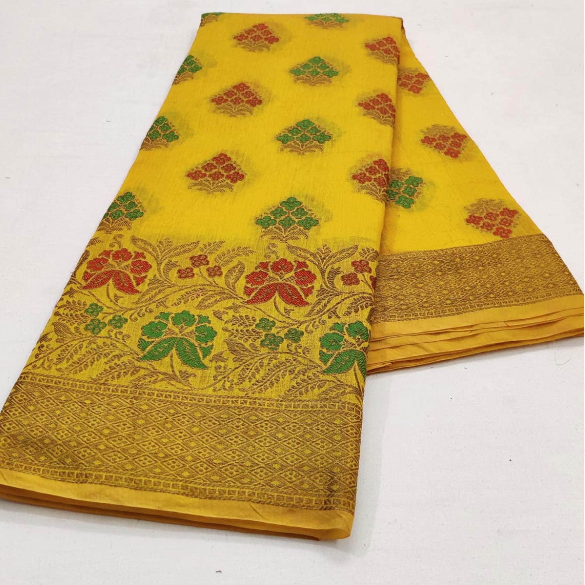 Yellow Festive Wear Floral Woven Cotton Saree With Meena Butta Pallu - Peachmode
