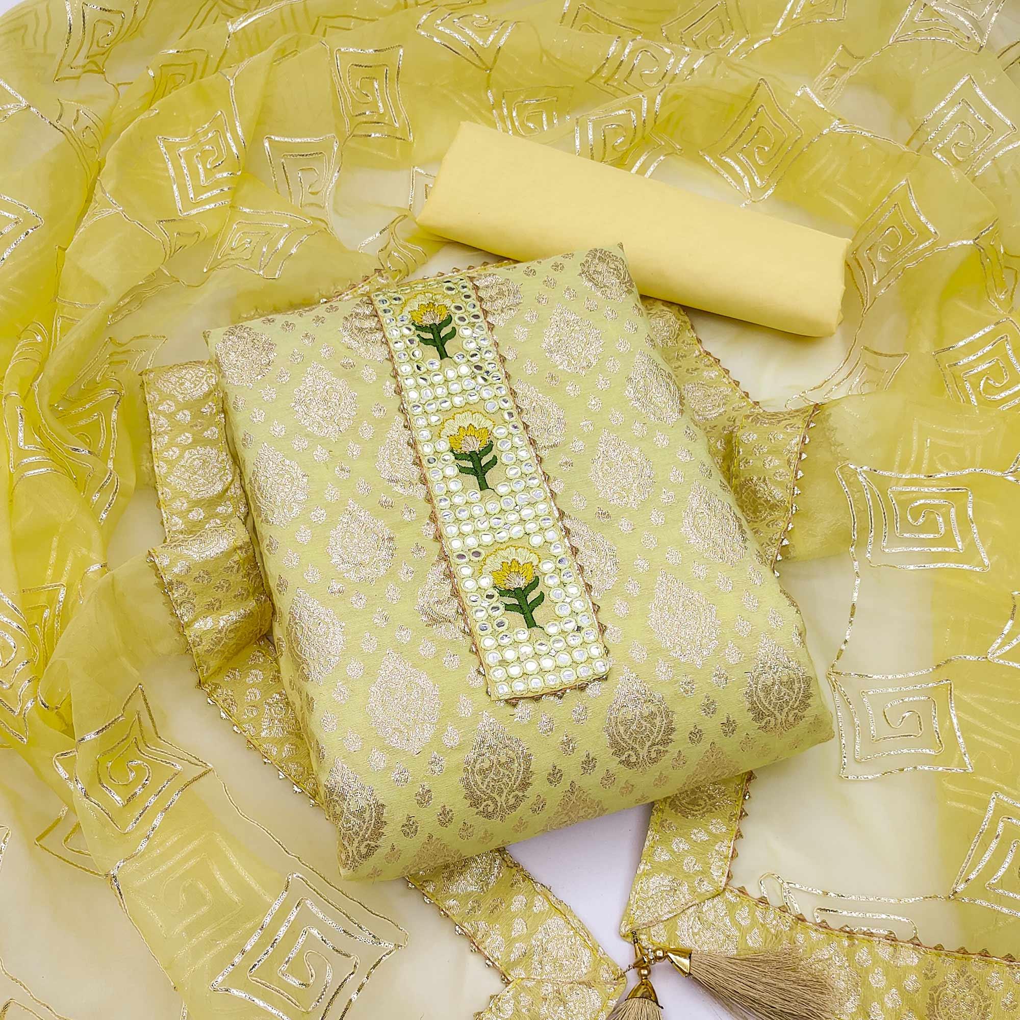 Yellow Festive Wear Foil Printed Chanderi Dress Material - Peachmode