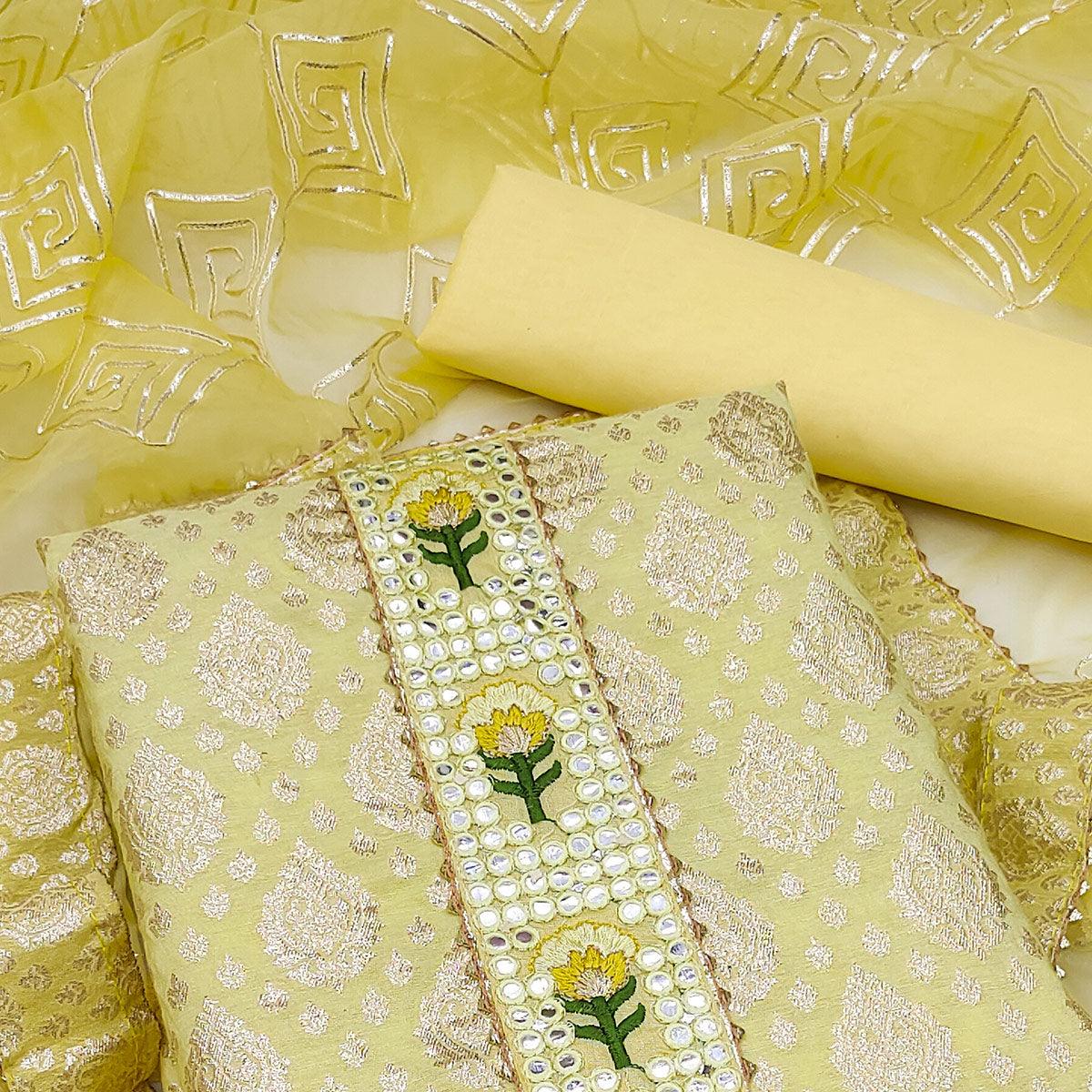 Yellow Festive Wear Foil Printed Chanderi Dress Material - Peachmode