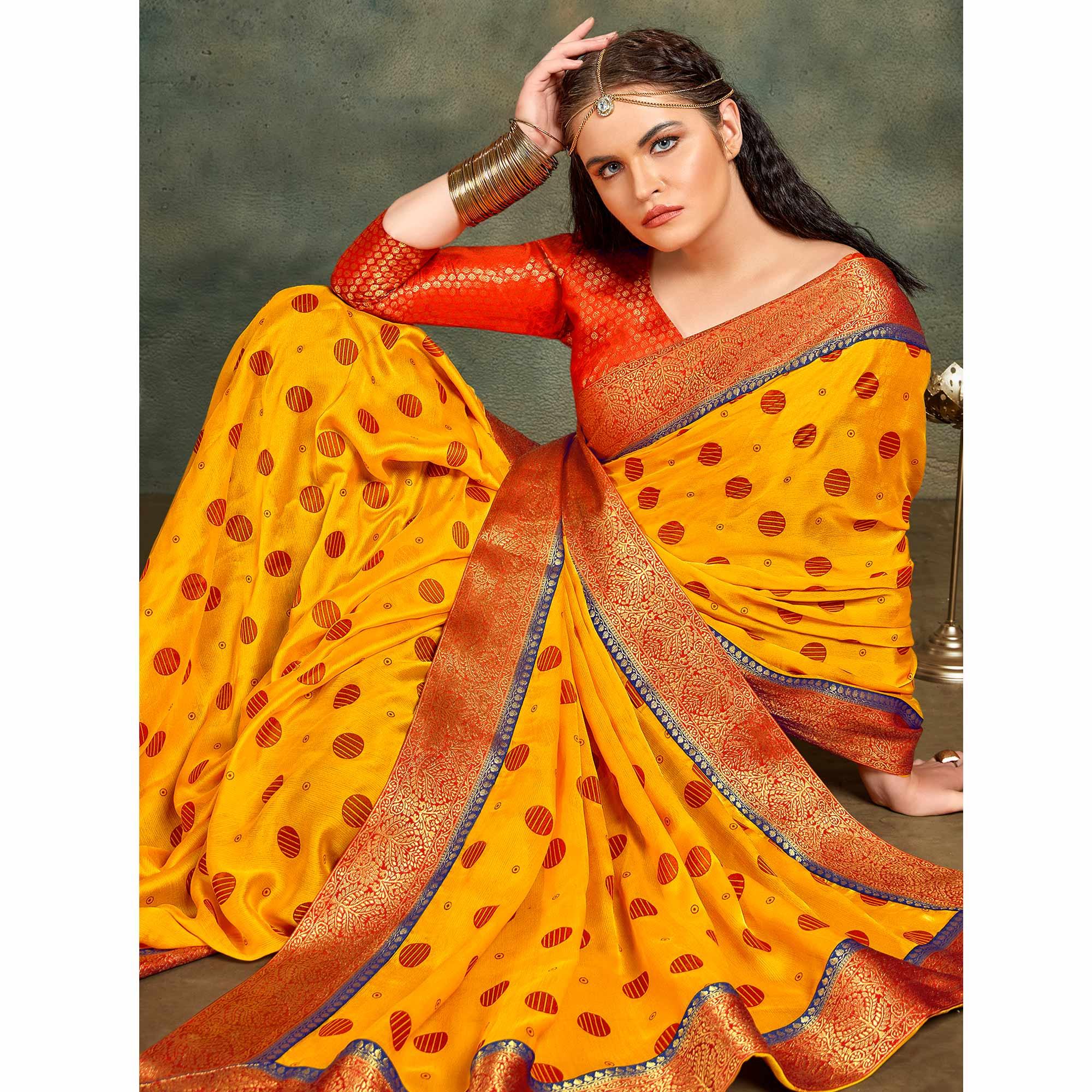 Yellow Festive Wear Foil Work Chiffon Saree With Banarasi Border - Peachmode
