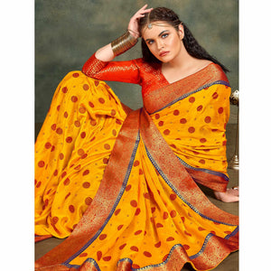 Yellow Festive Wear Foil Work Chiffon Saree With Banarasi Border - Peachmode