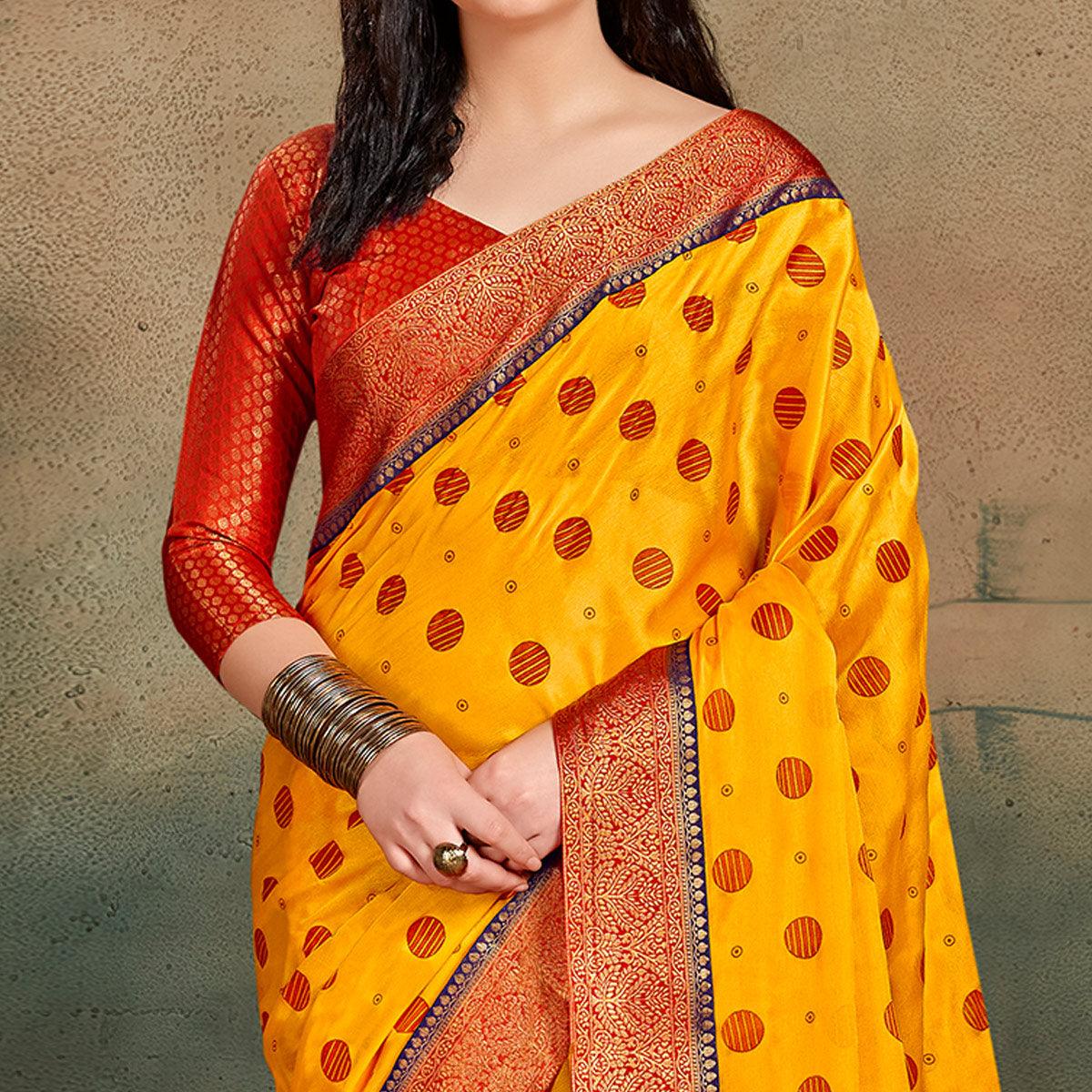 Yellow Festive Wear Foil Work Chiffon Saree With Banarasi Border - Peachmode