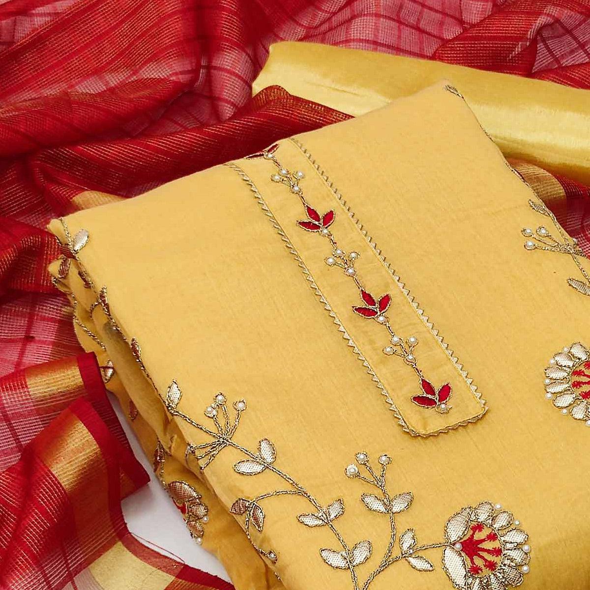 Yellow Festive Wear Hand Butta Work Modal Chanderi Dress Material - Peachmode
