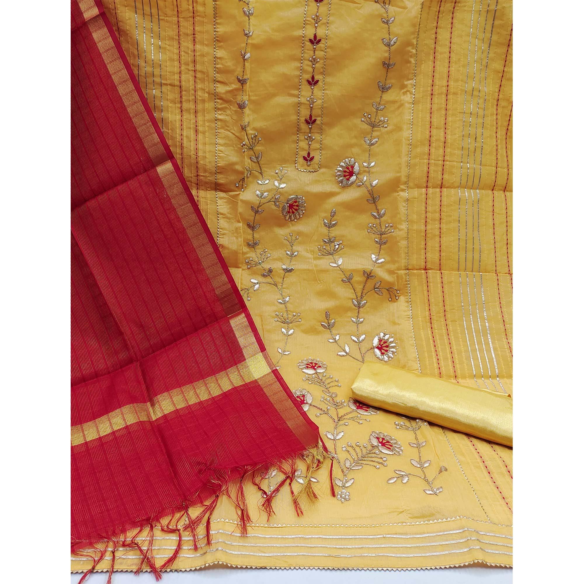 Yellow Festive Wear Hand Butta Work Modal Chanderi Dress Material - Peachmode