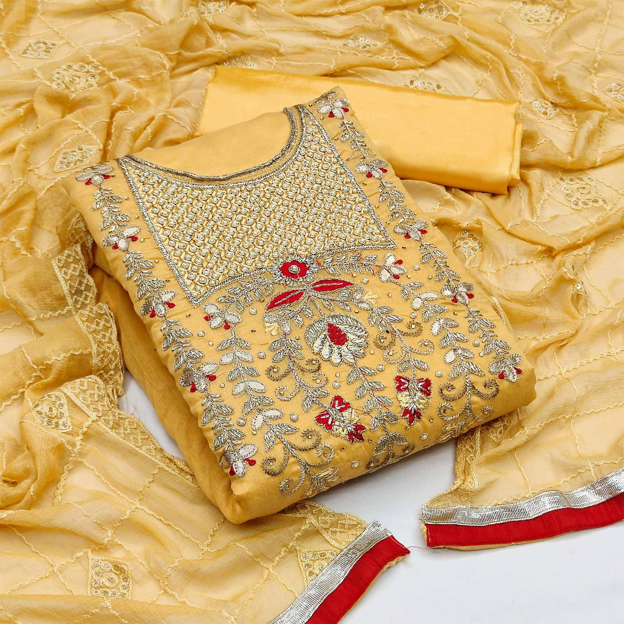 Yellow Festive Wear Hand Work Modal Chanderi Dress Material - Peachmode