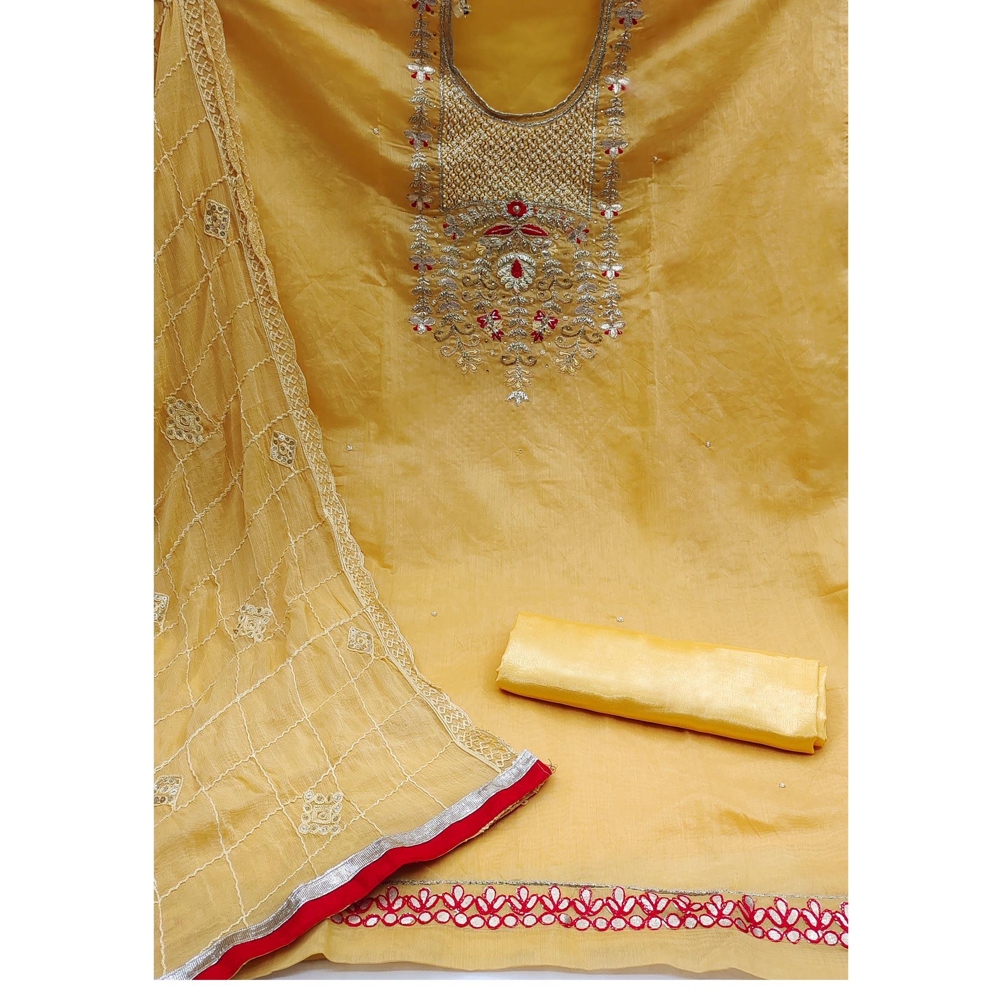 Yellow Festive Wear Hand Work Modal Chanderi Dress Material - Peachmode