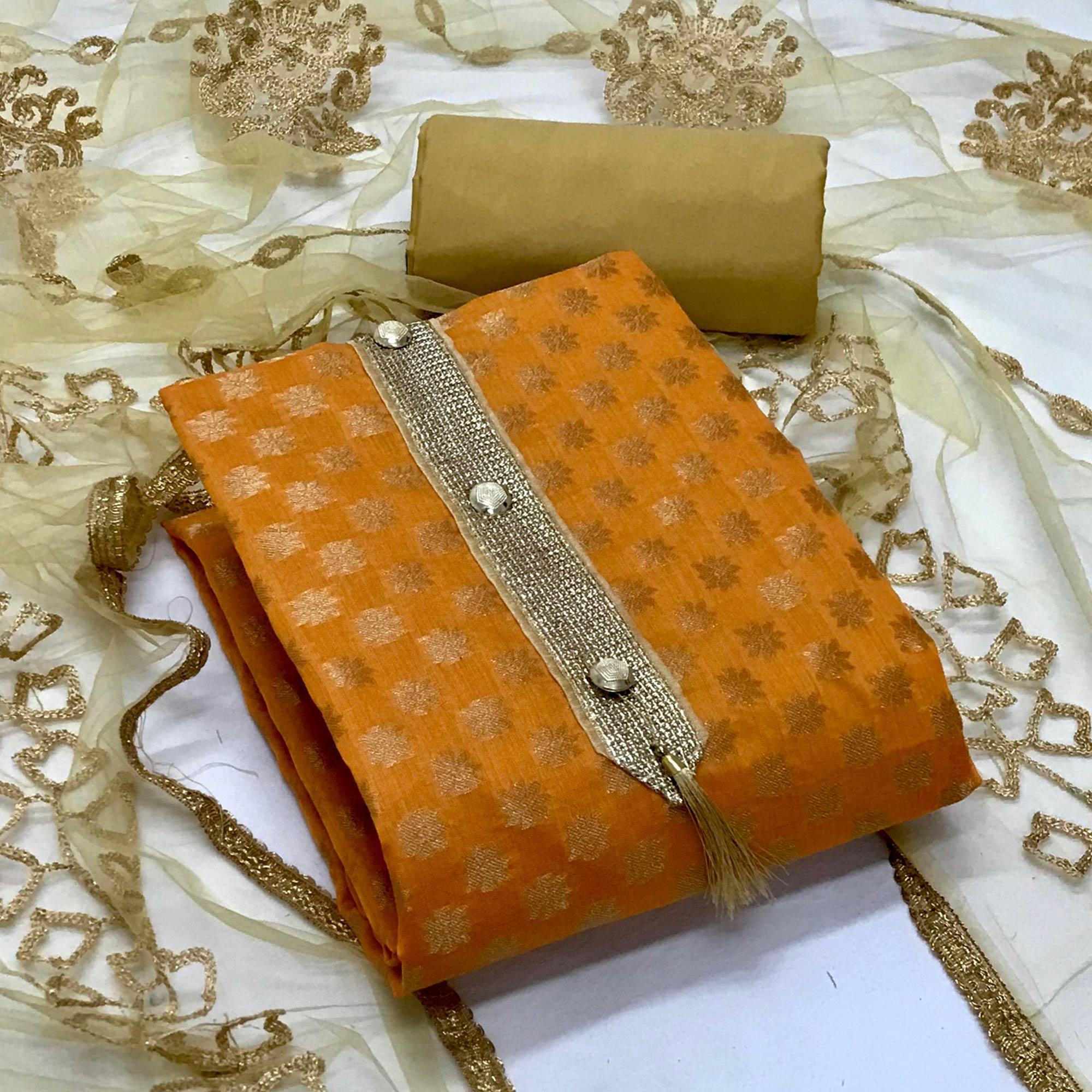 Yellow Festive Wear Jacquard Banarasi Silk Dress Material - Peachmode