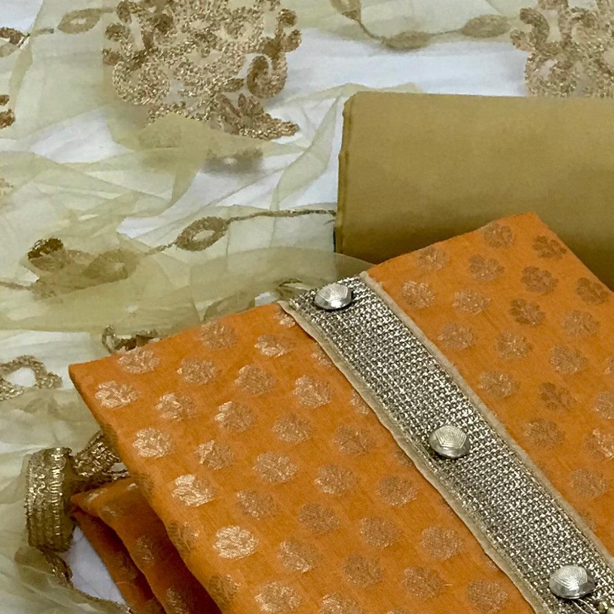 Yellow Festive Wear Jacquard Banarasi Silk Dress Material - Peachmode